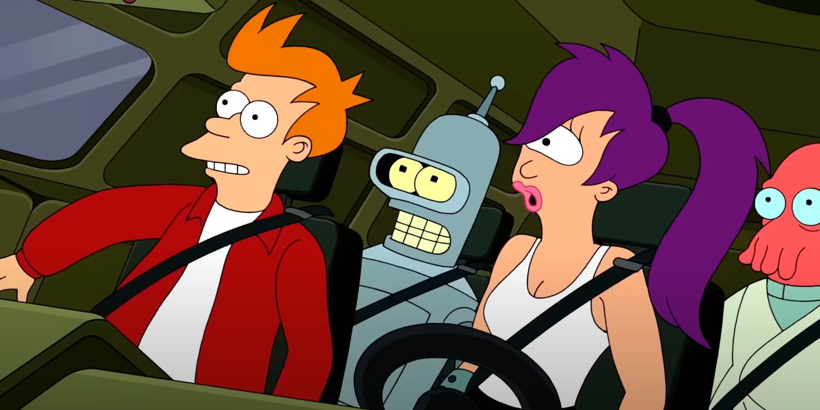 Fry and Leela with Bender and Zoidberg in Futurama