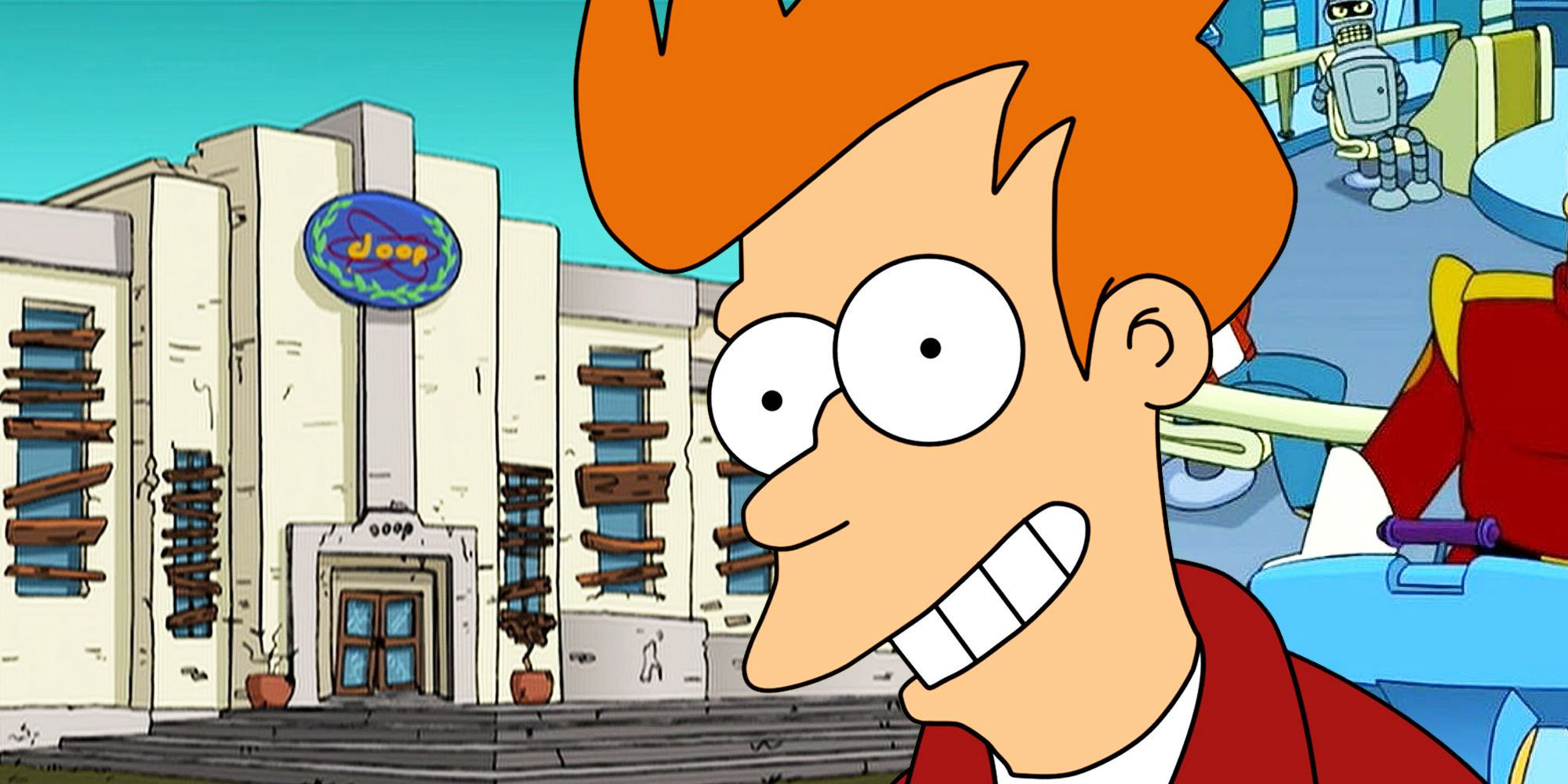 Fry and the old DOOP HQ in Futurama