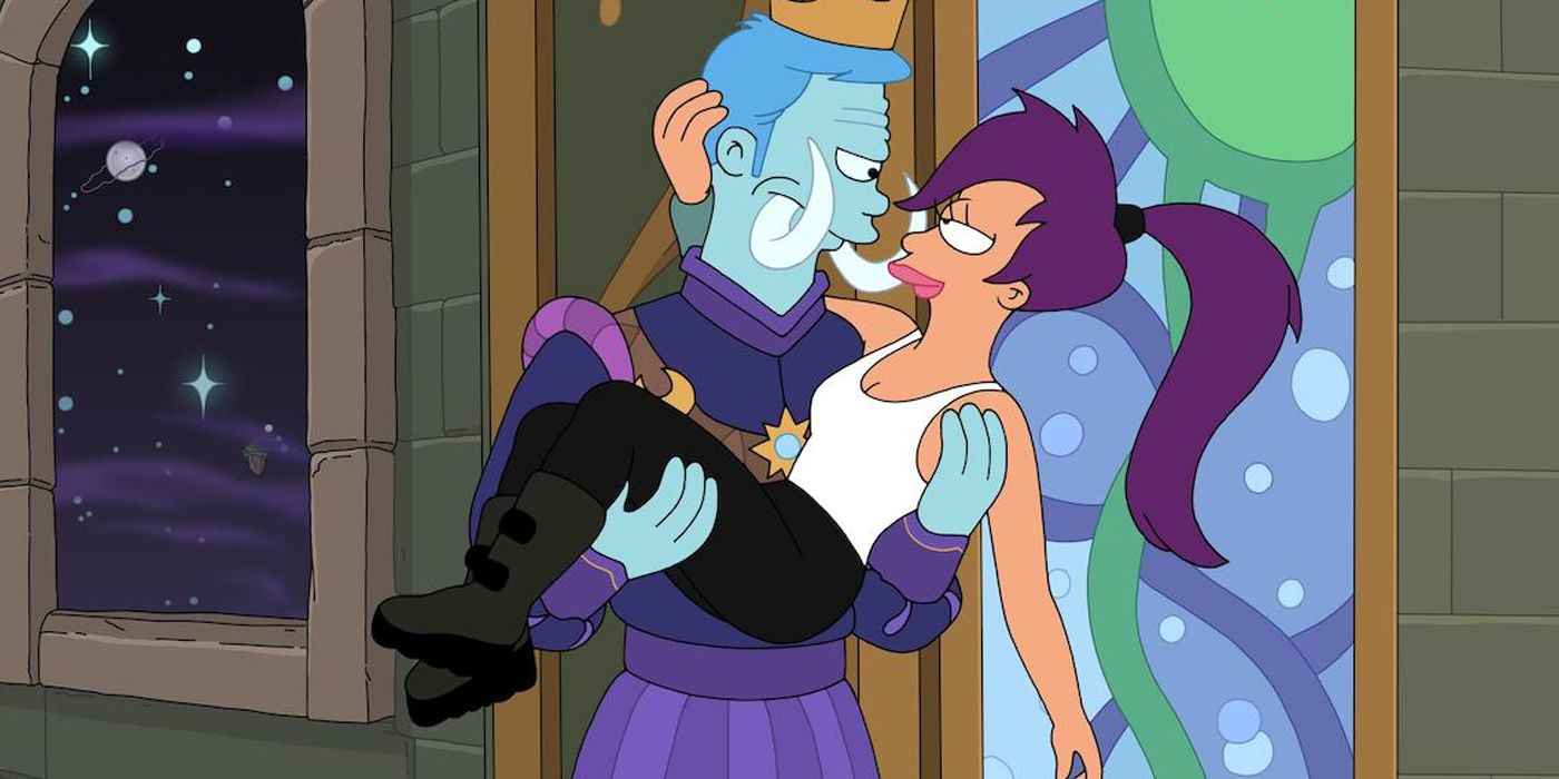 The prince of space holds Leela in Futurama