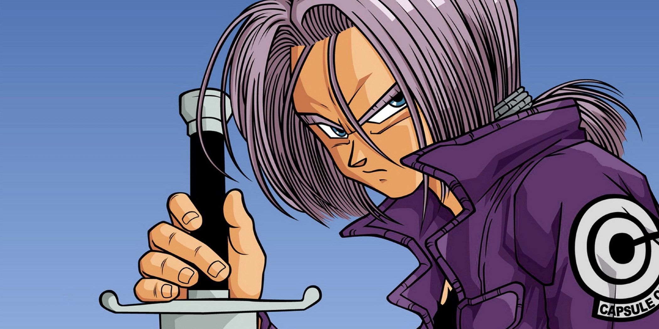 Future Trunks holds his sword and gives a stern look in his Capsule Corp jacket in Dragon Ball Z.