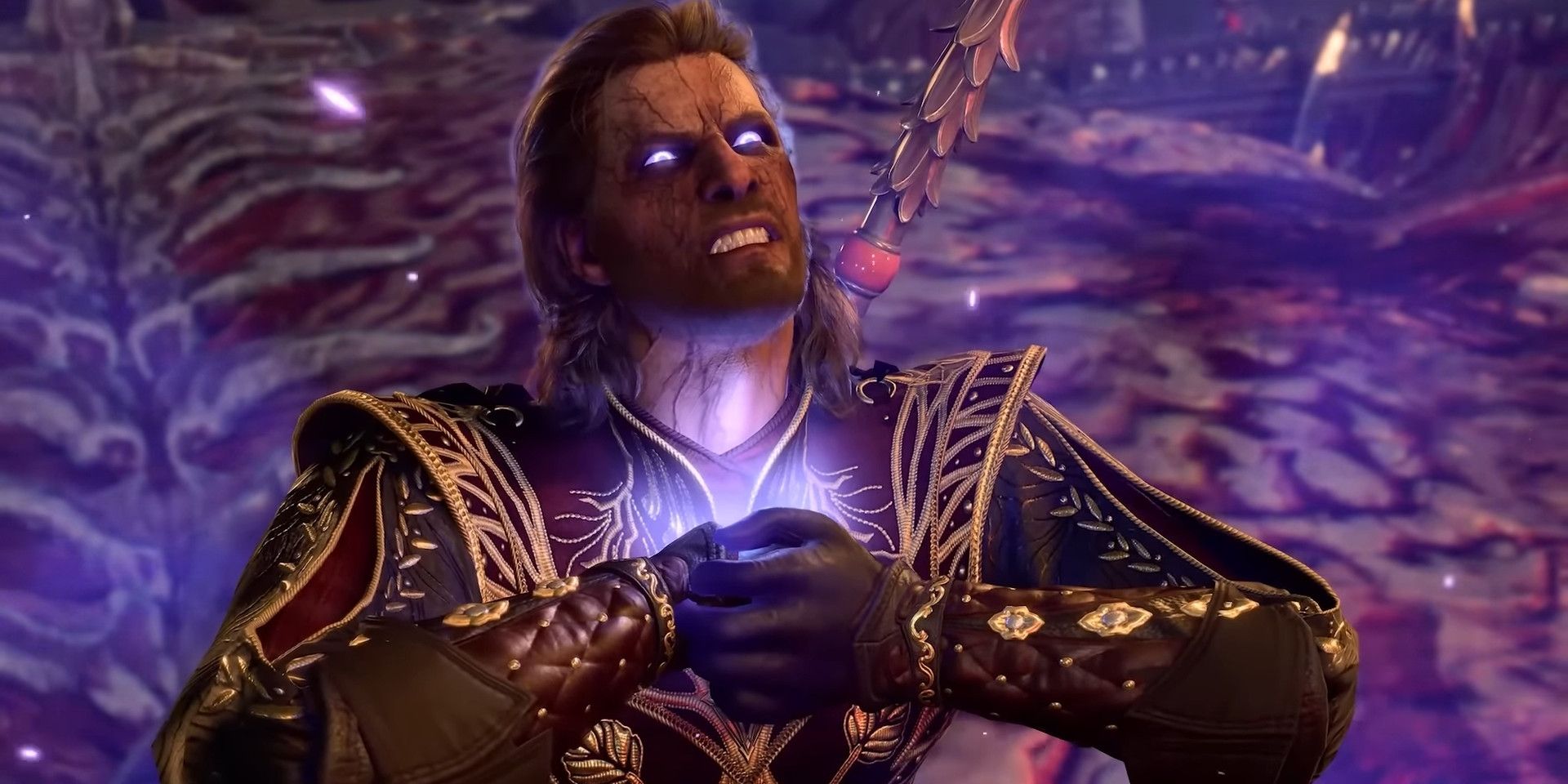 Gale apertando o peito, com os olhos e o peito brilhando em roxo em Baldur's Gate 3.