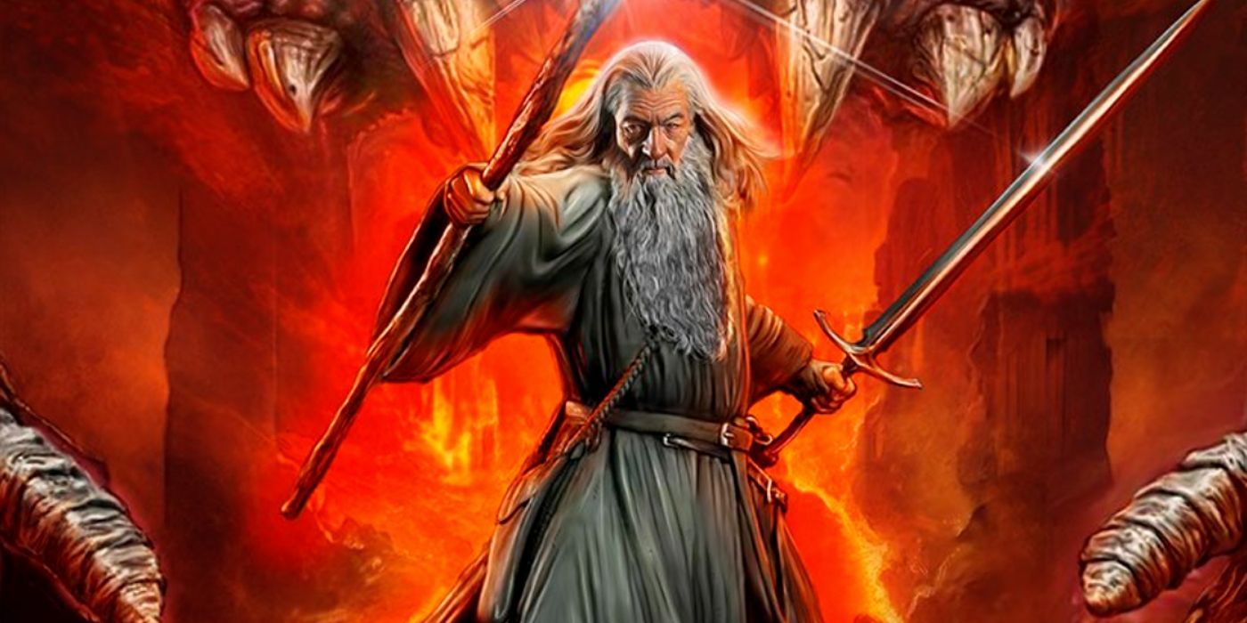 Gandalf holding his sword and staff in a battle position as the Balrog is behind him in Lord of the Rings fan art.