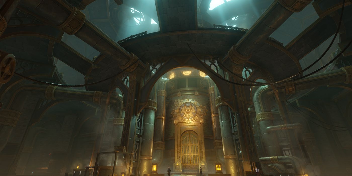 An interior shot of the Fortress of Meropide in Genshin Impact. The location is full of pipes that give it a steampunk aesthetic.