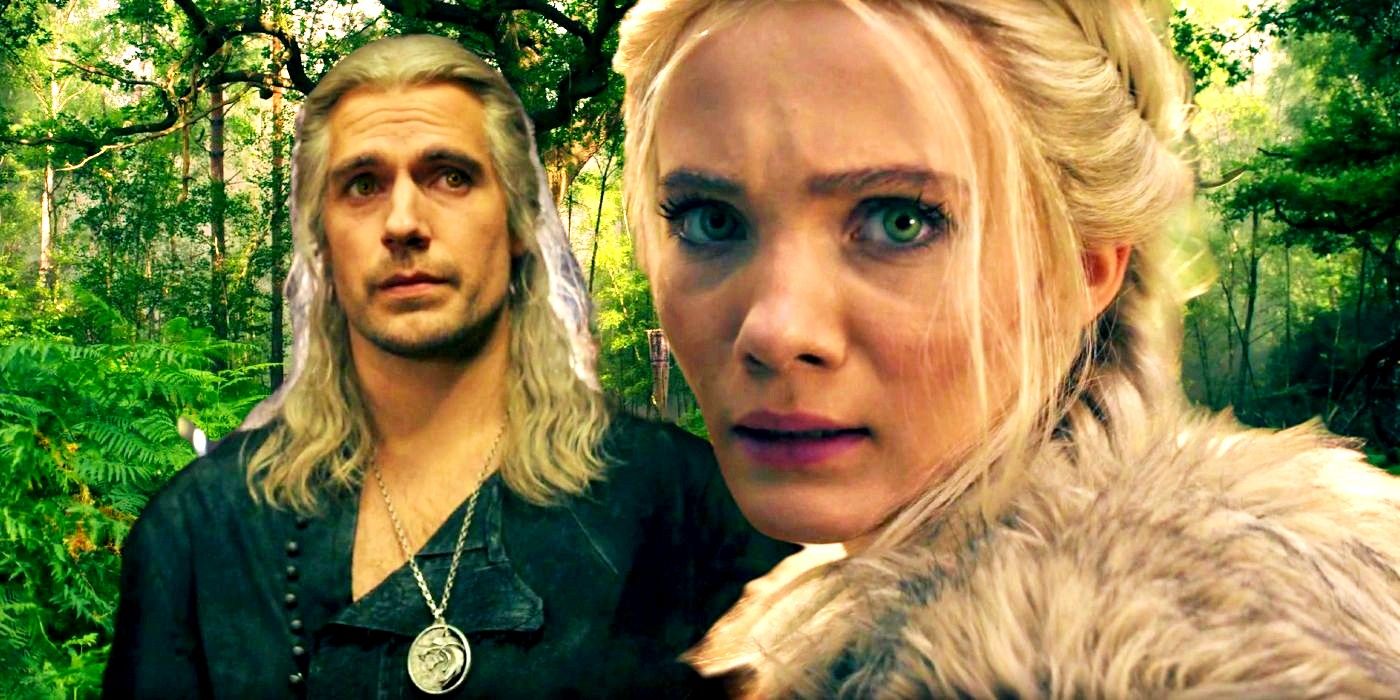 Geralt and Ciri in front of trees in The Witcher