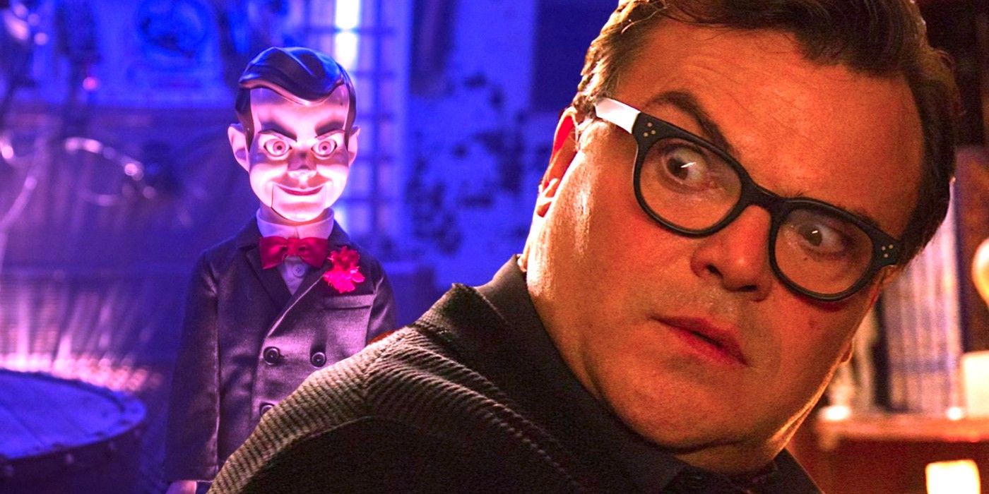 Goosebumps 2 collage of Slappy the dummy and Jack Black as R.L. Stine