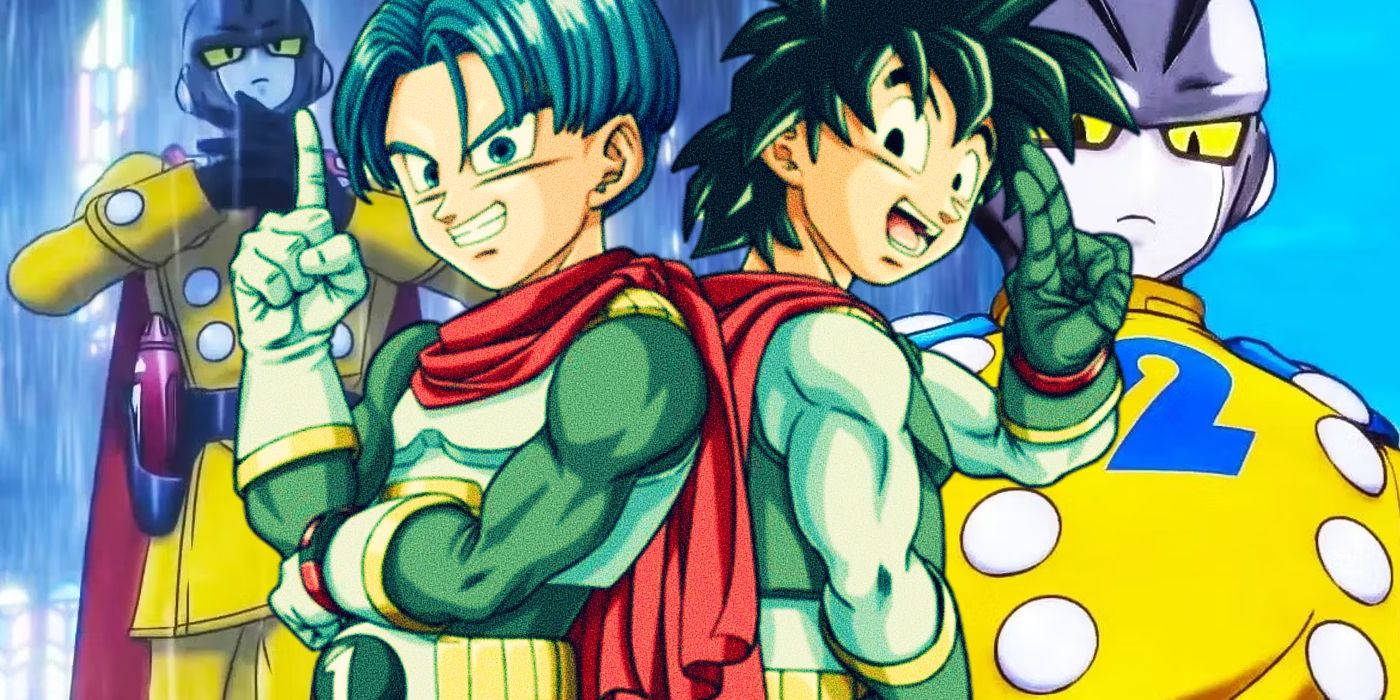 Goten and Trunks with the androids Gamma from Super Hero
