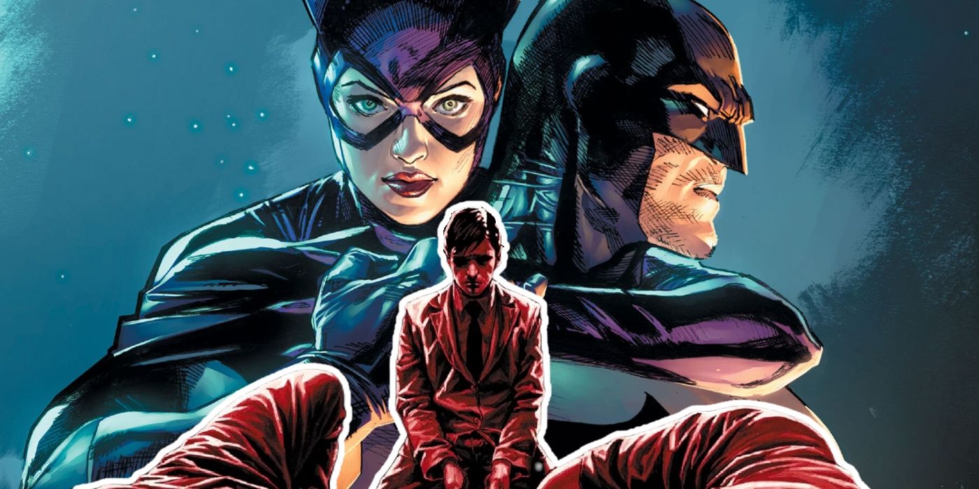 Bruce Wayne sits on his knees before his dead parents with Batman and Catwoman in the background