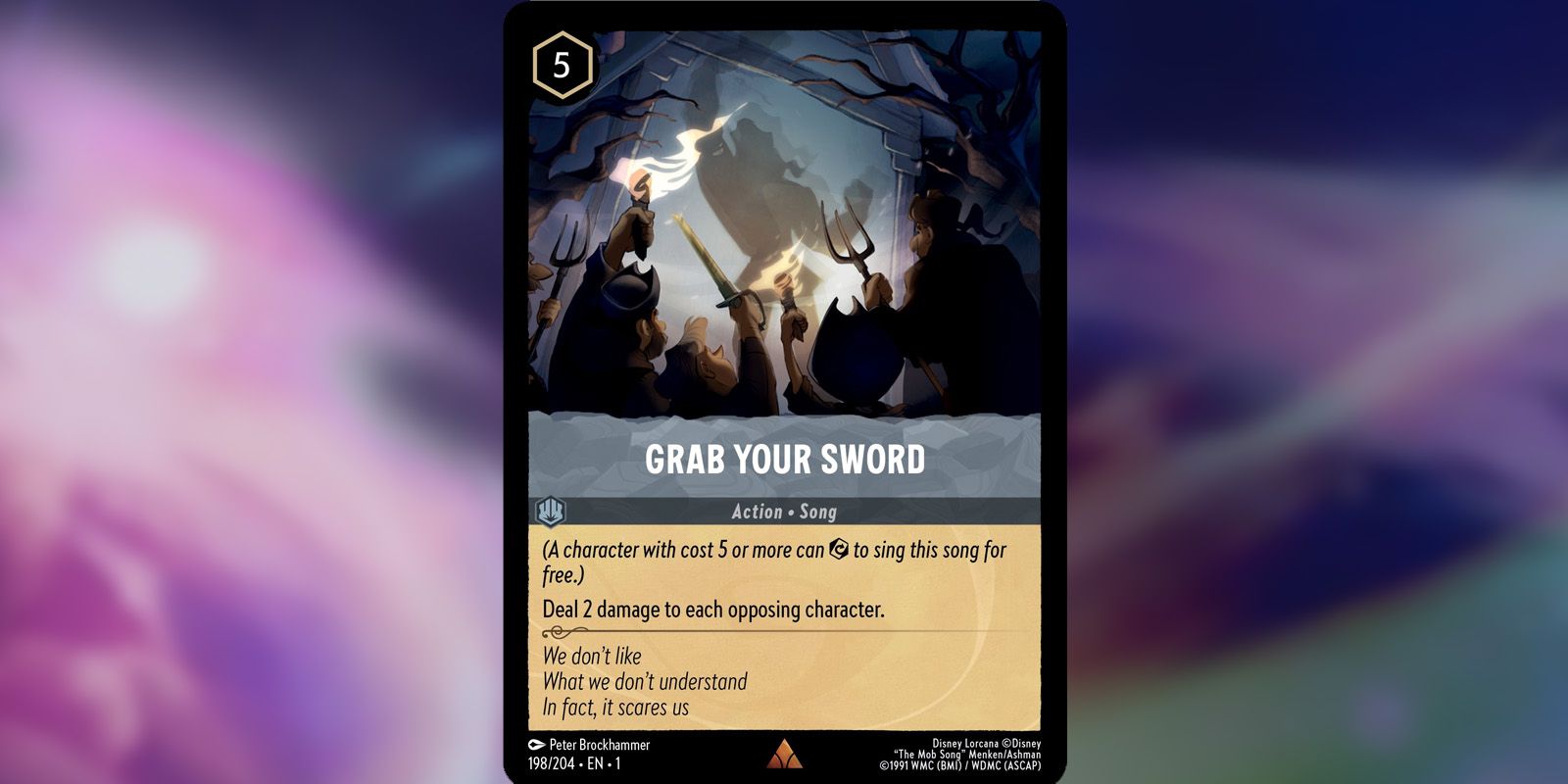 Grab Your Sword Lorcana song card showing Gaston's mob from Beauty and the Beast.