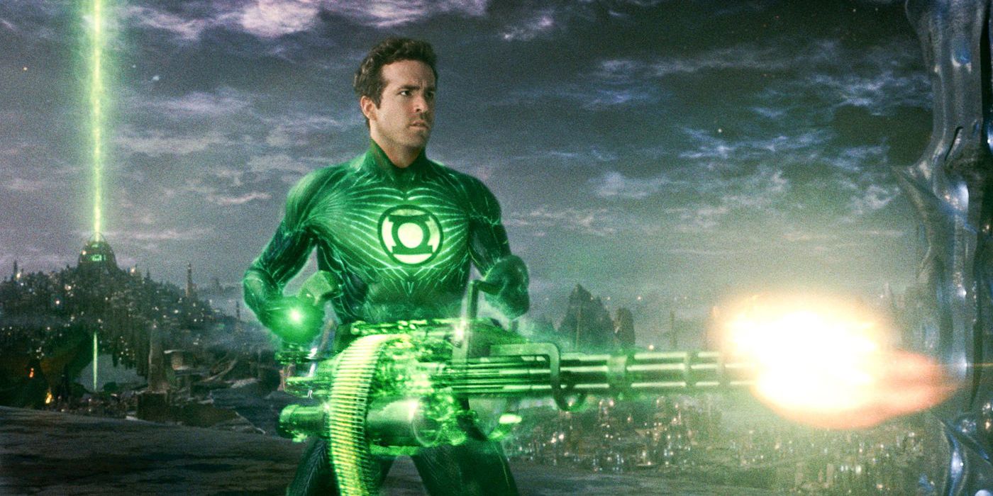 Ryan Reynolds as Hal Jordan in Green Lantern (2011) holding a gun