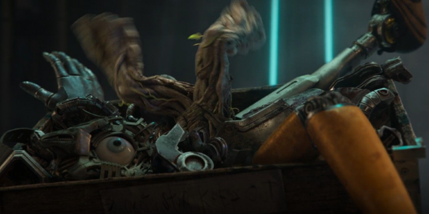 Groot rummaging through cybernetic body parts in I Am Groot season 2