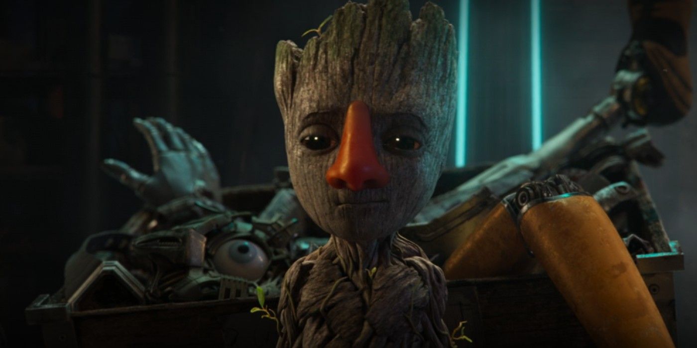 Groot with a fake nose in I Am Groot