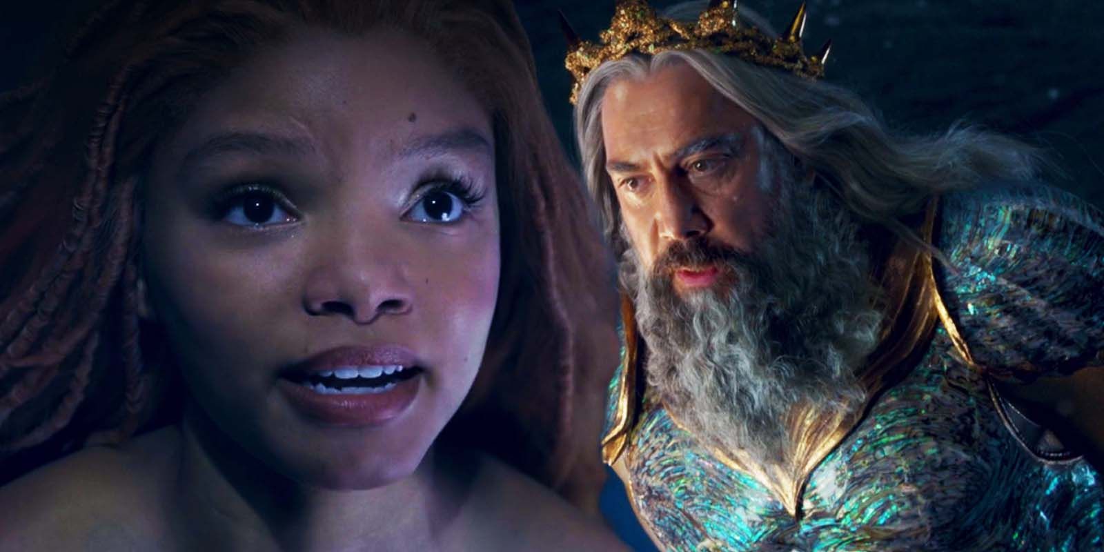 Halle Bailey as Ariel and Javier Bardem as King Triton in The Little Mermaid (2023)