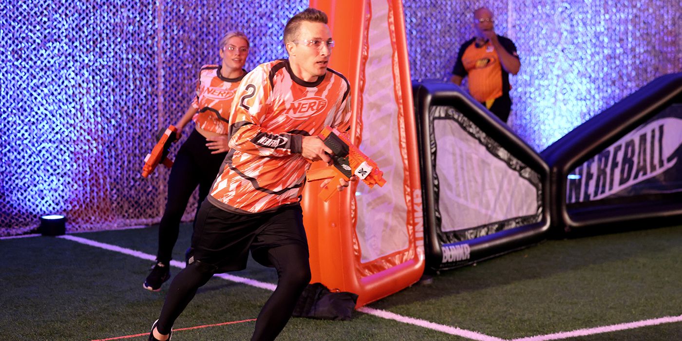 Hannah White and Luke Goodman in NerfBall — Battle in the Bubble