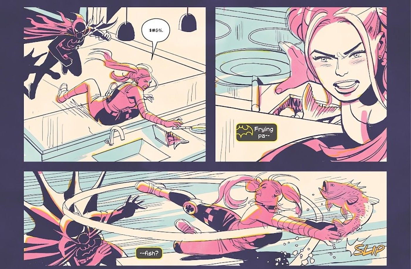 Harley Quinn usa um peixe contra Batgirl