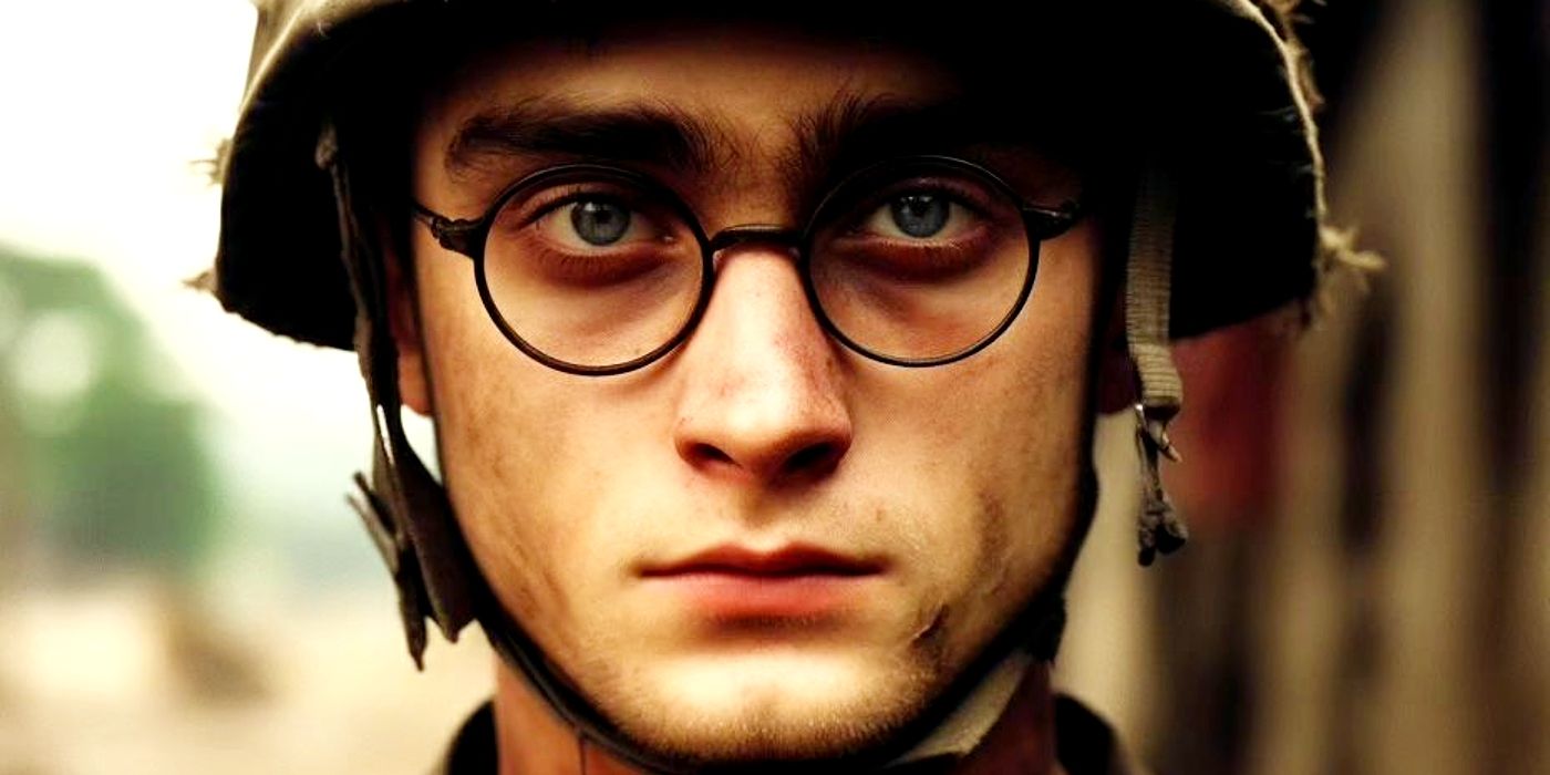 An AI-generated image of Daniel Radcliffe&rsquo;s Harry Potter as a soldier looking directly at the camera.