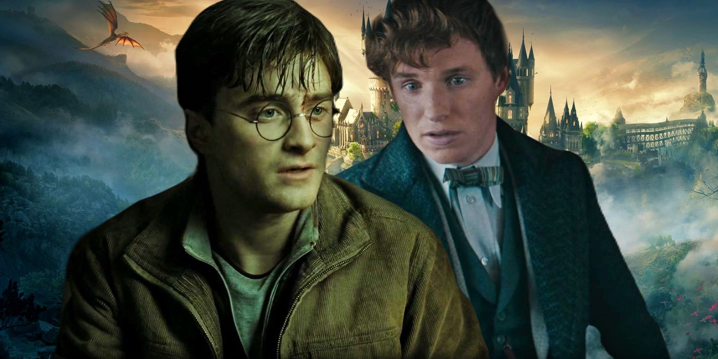 Harry Potter and Newt Scamander in front of an image of Hogwarts