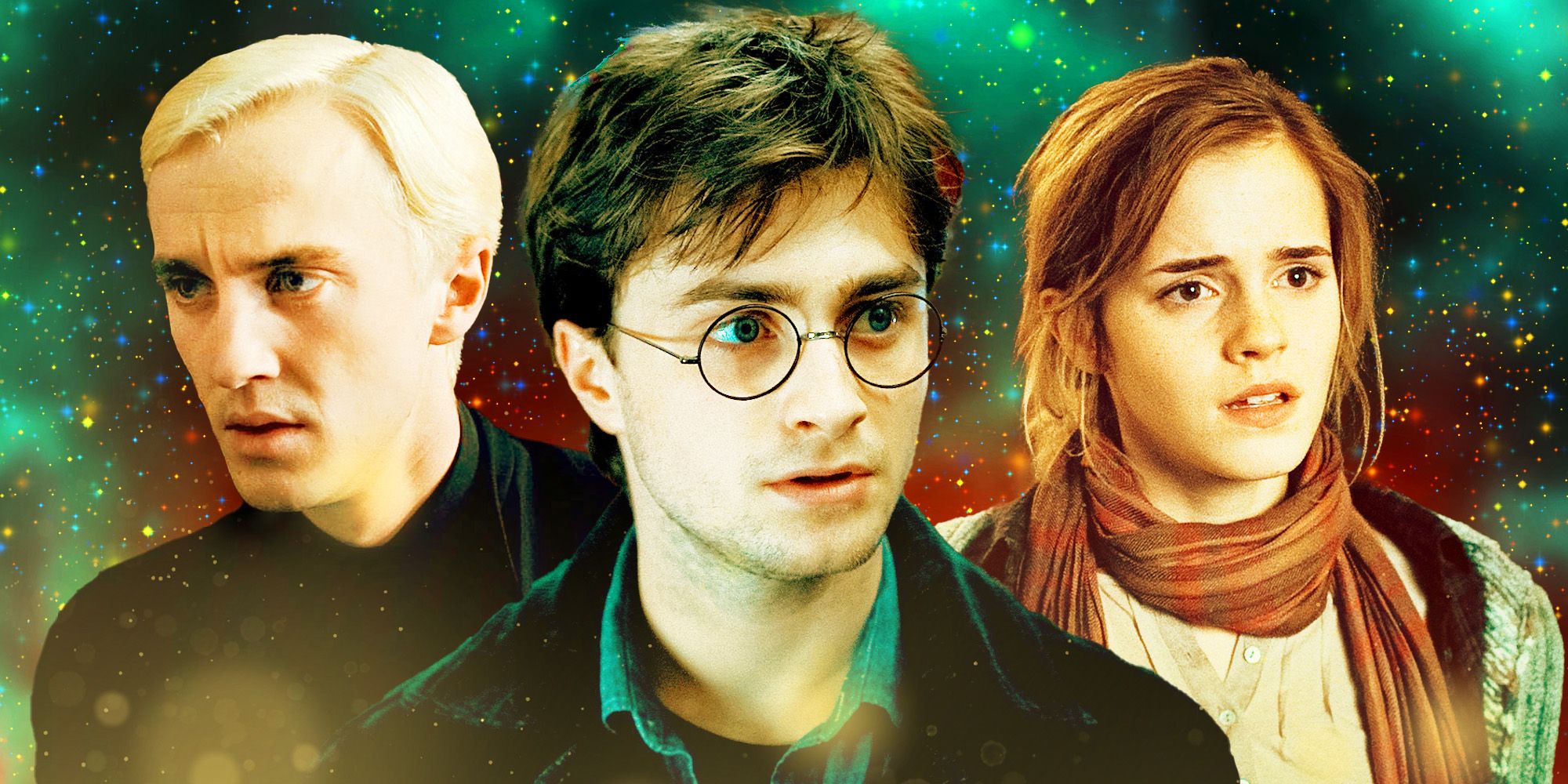 colagem de Draco, Harry, Hermione em fundo estrelado