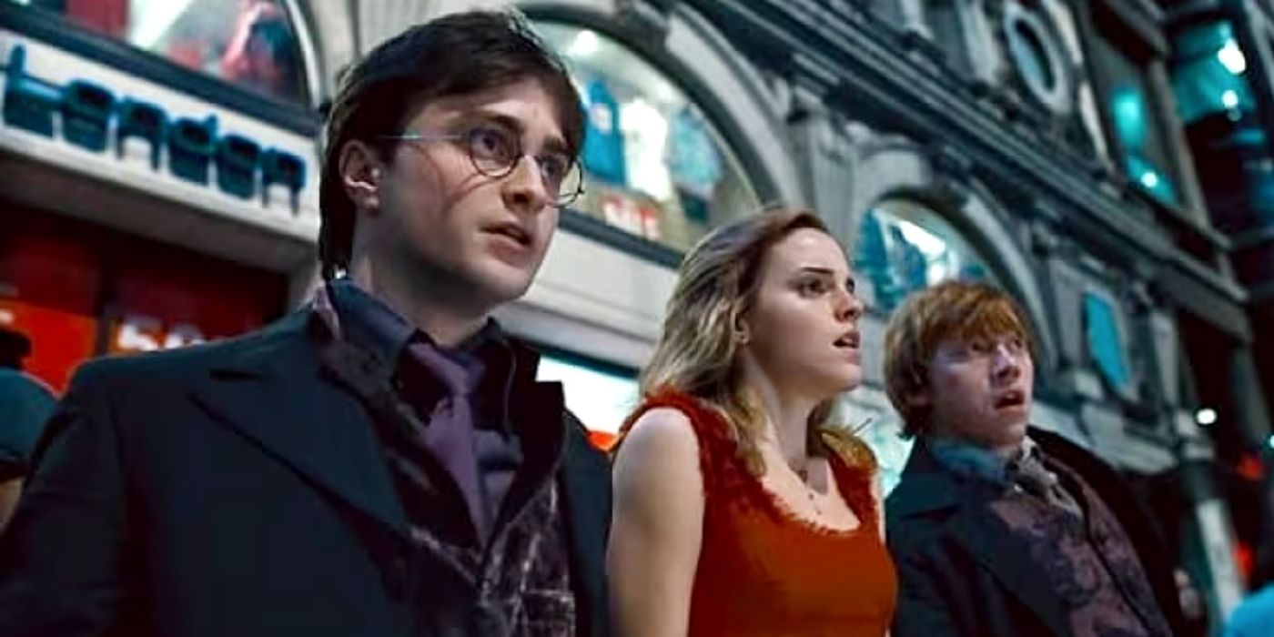 Daniel Radcliffe as Harry, Emma Watson as Hermione, and Rupert Grint as Ron in Harry Potter and the Deathly Hallows: Part I