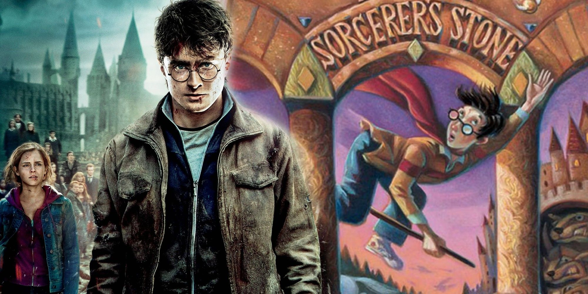 An image of Daniel Radcliffe as Harry Potter overlaying a shot of Hogwarts and the cover of Harry Potter and the Sorcerer's Stone