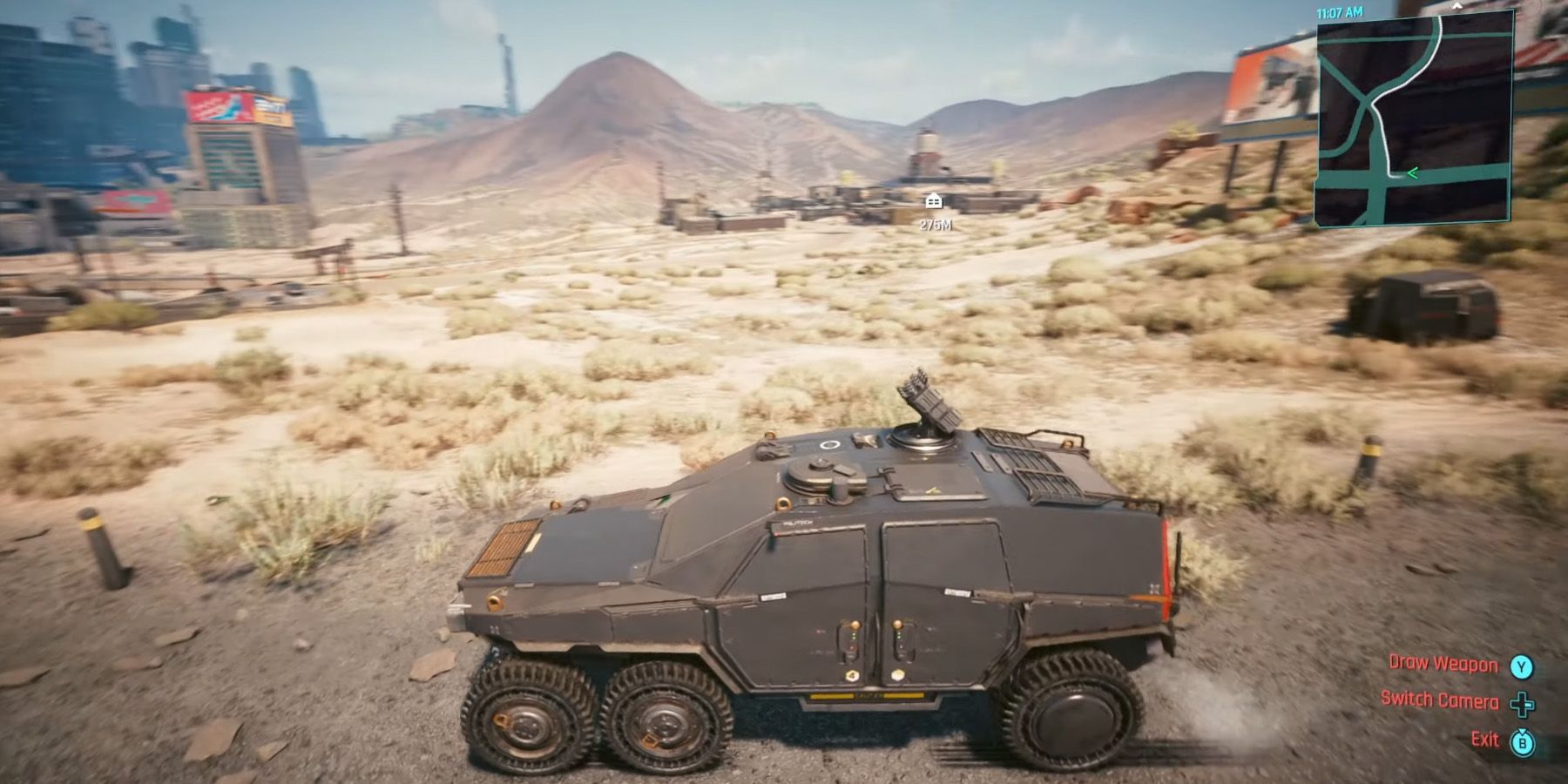 Heavily armored Hellhound vehicle in Cyberpunk 2077 Phantom Liberty DLC.