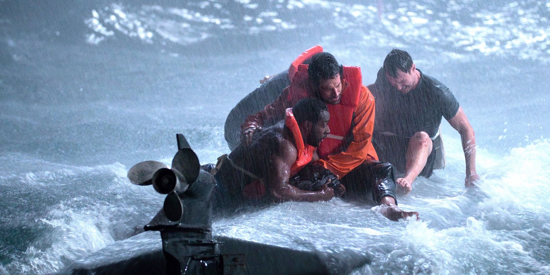 Quentin Plair, Zachary Levi, Marshall Cook stranded in the ocean in Not Without Hope