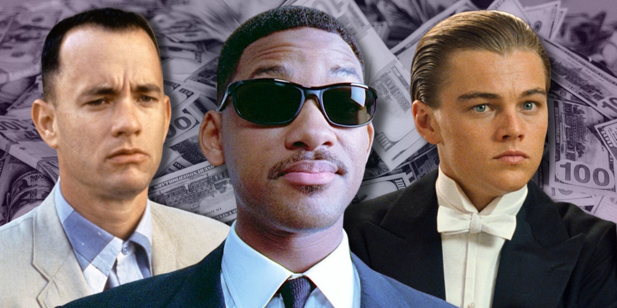 Tom Hanks, Will Smith, and Leonardo DiCaprio in '90s movies in front of money