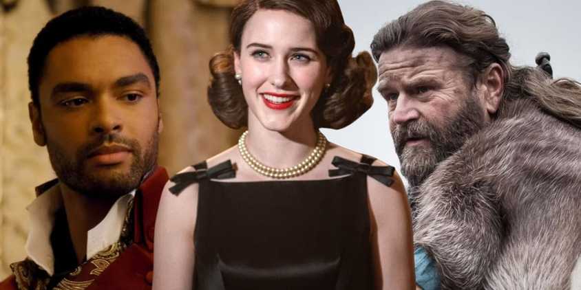 Characters from Bridgerton, The Marvels Mrs. Maisel, and Vikings in a collage