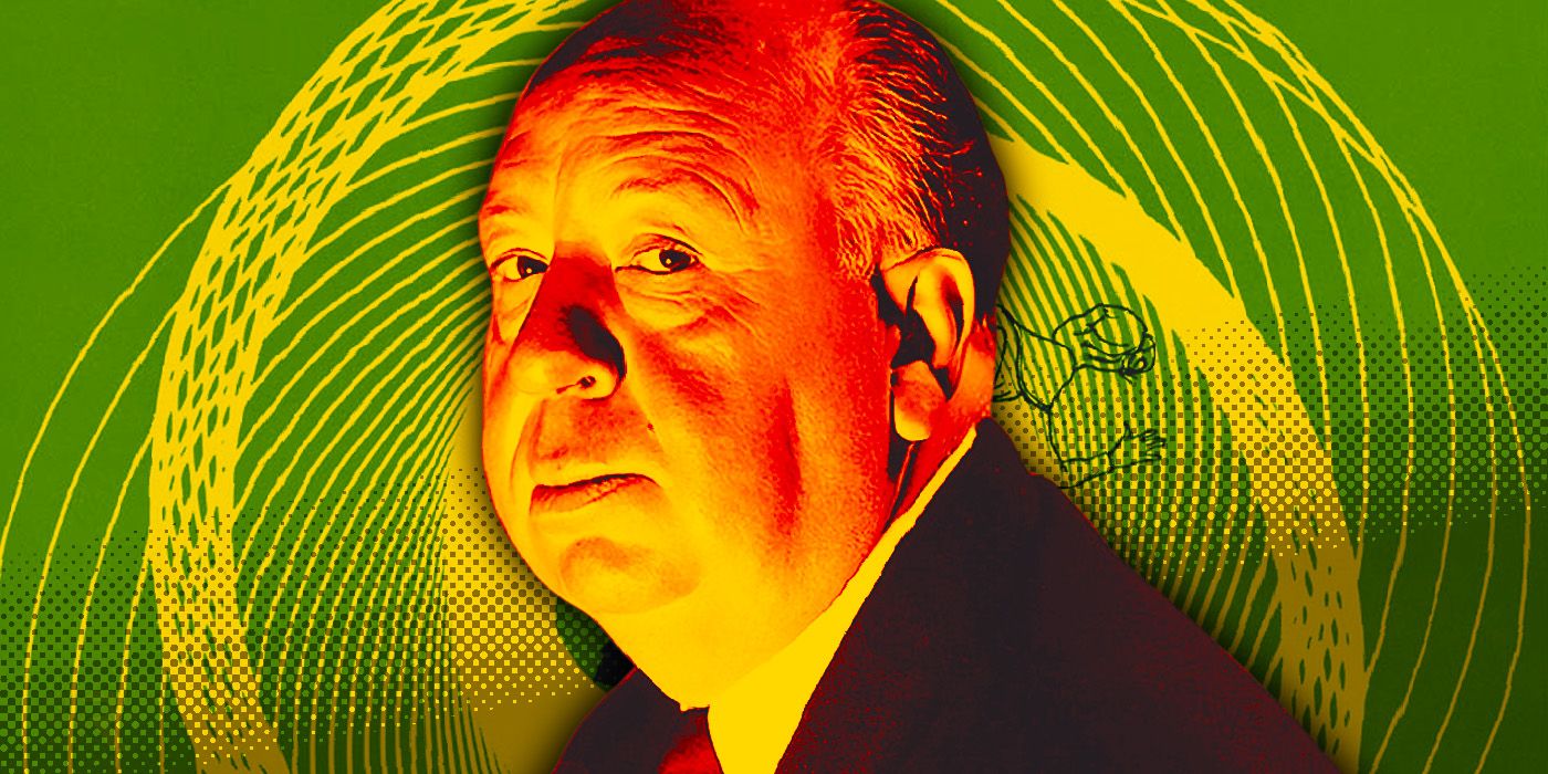 Alfred Hitchcock in front of the Vertigo poster design.