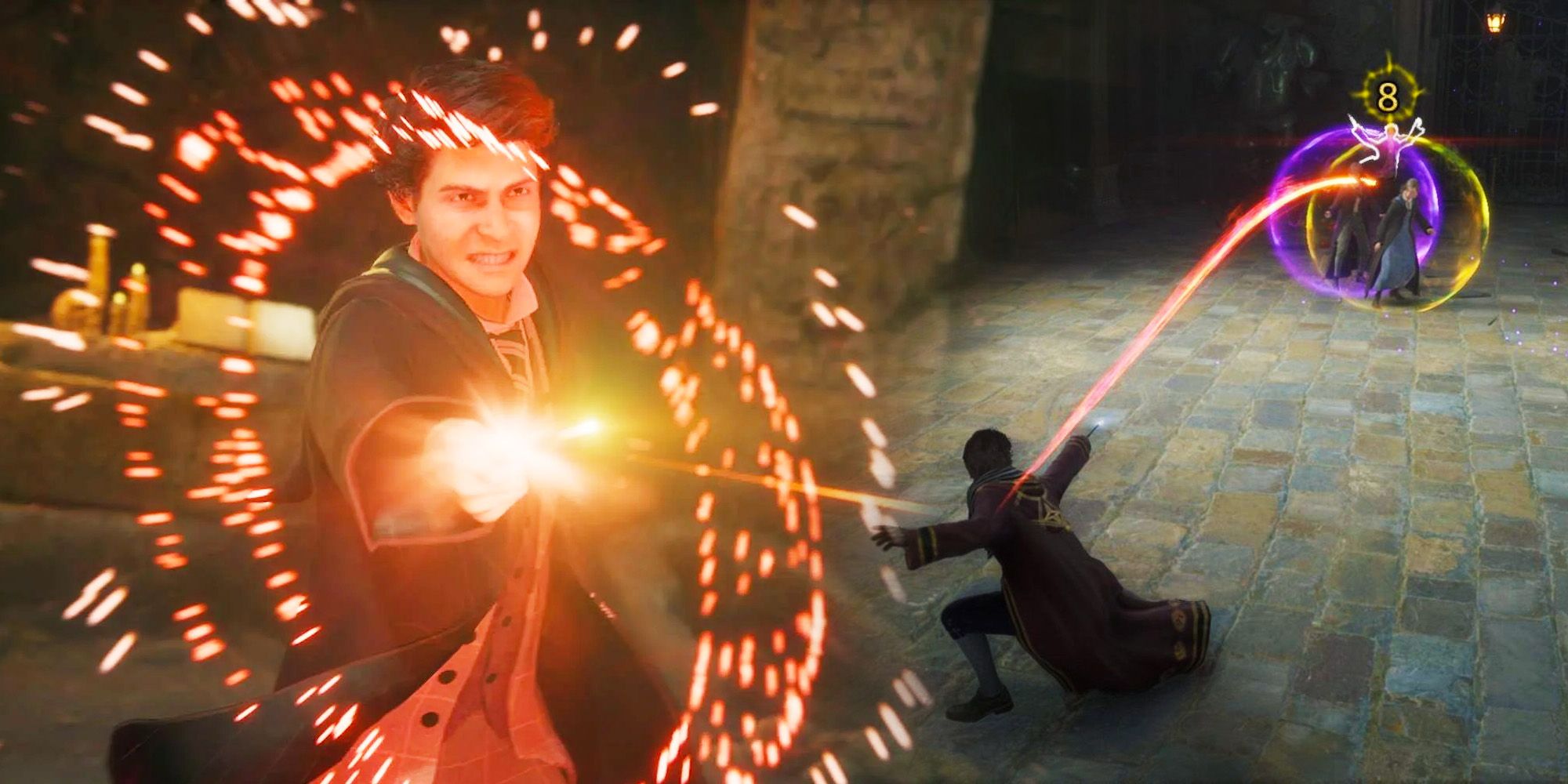 Hogwarts Legacy image of Sebastian casting a spell on the left while on the right a player shoots a spell at a group of students during duels