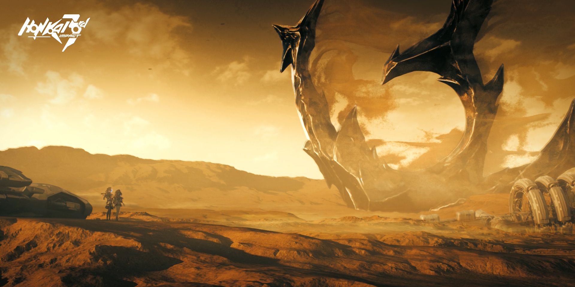 The Key Art for Honkai Impact 3rd Part 2 featuring two characters standing on the surface of Mars and looking at a desolated scene in the distance.