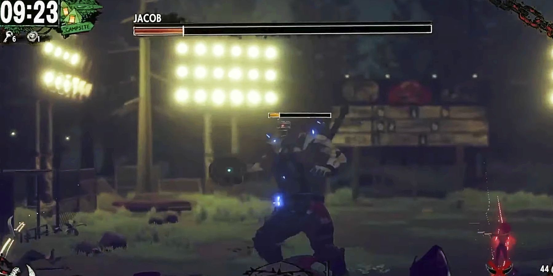 Jacob, a giant, muscular man in football mask and wielding a spiked bat, takes the field in a screenshot from Hotel Barcelona.