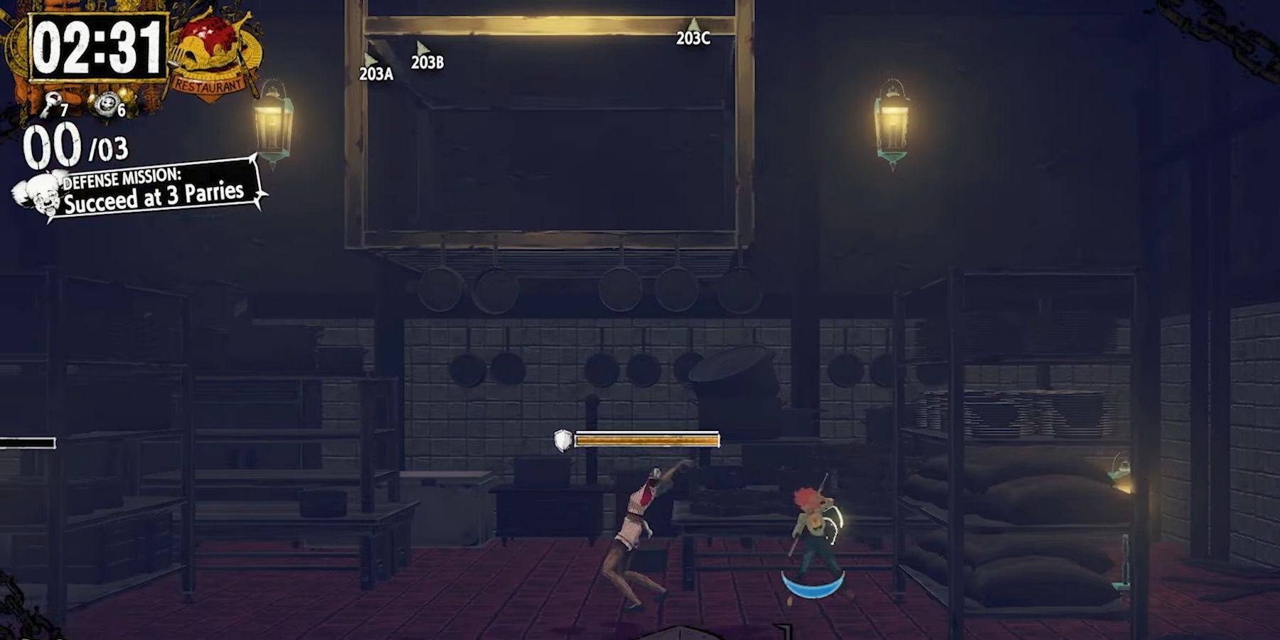 A maid-dressed enemy winds up a cartwheel attack in a screenshot from Hotel Barcelona.