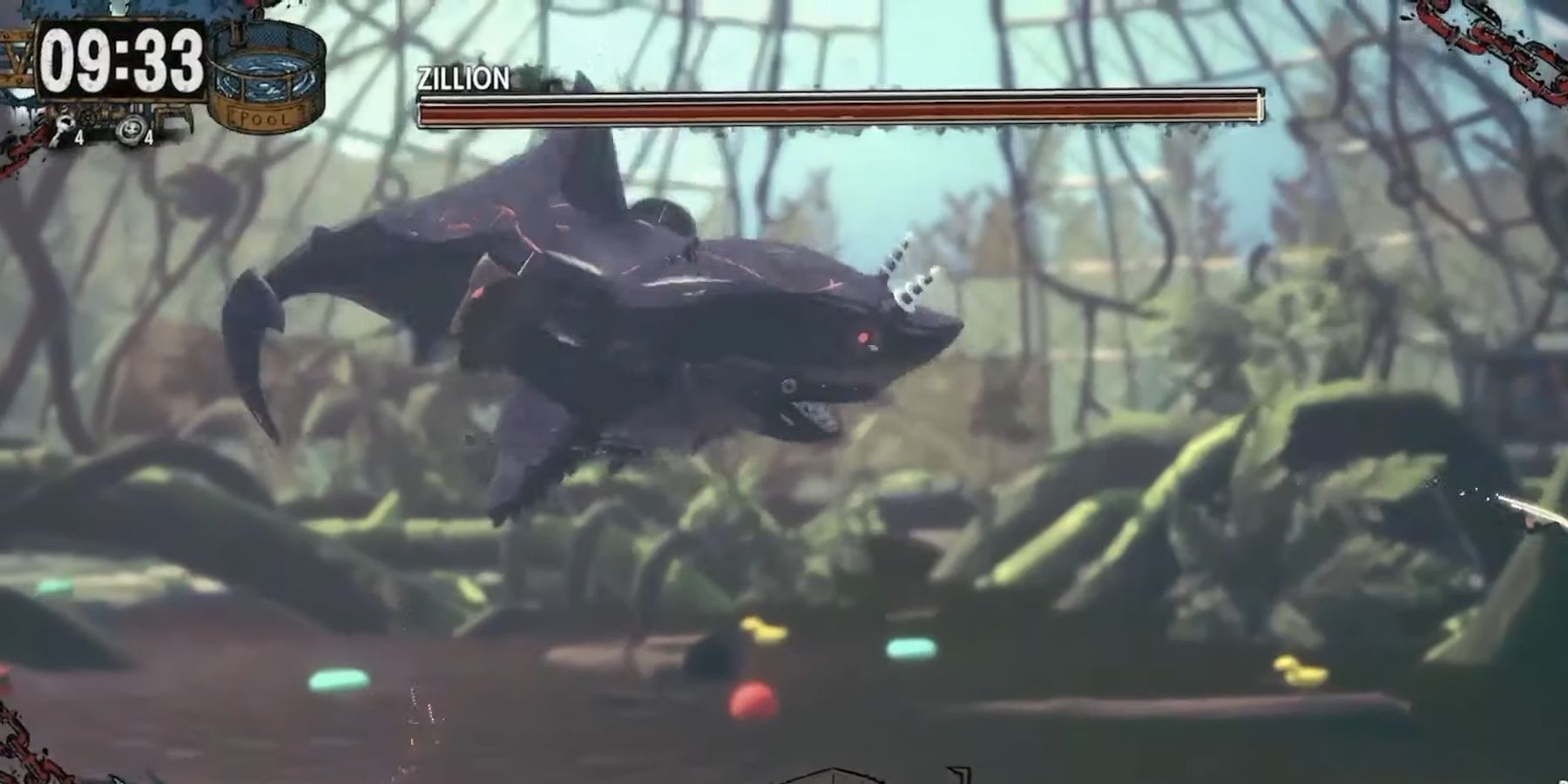 Zillion, the giant mechanical shark, flips through the air in a screenshot from Hotel Barcelona.