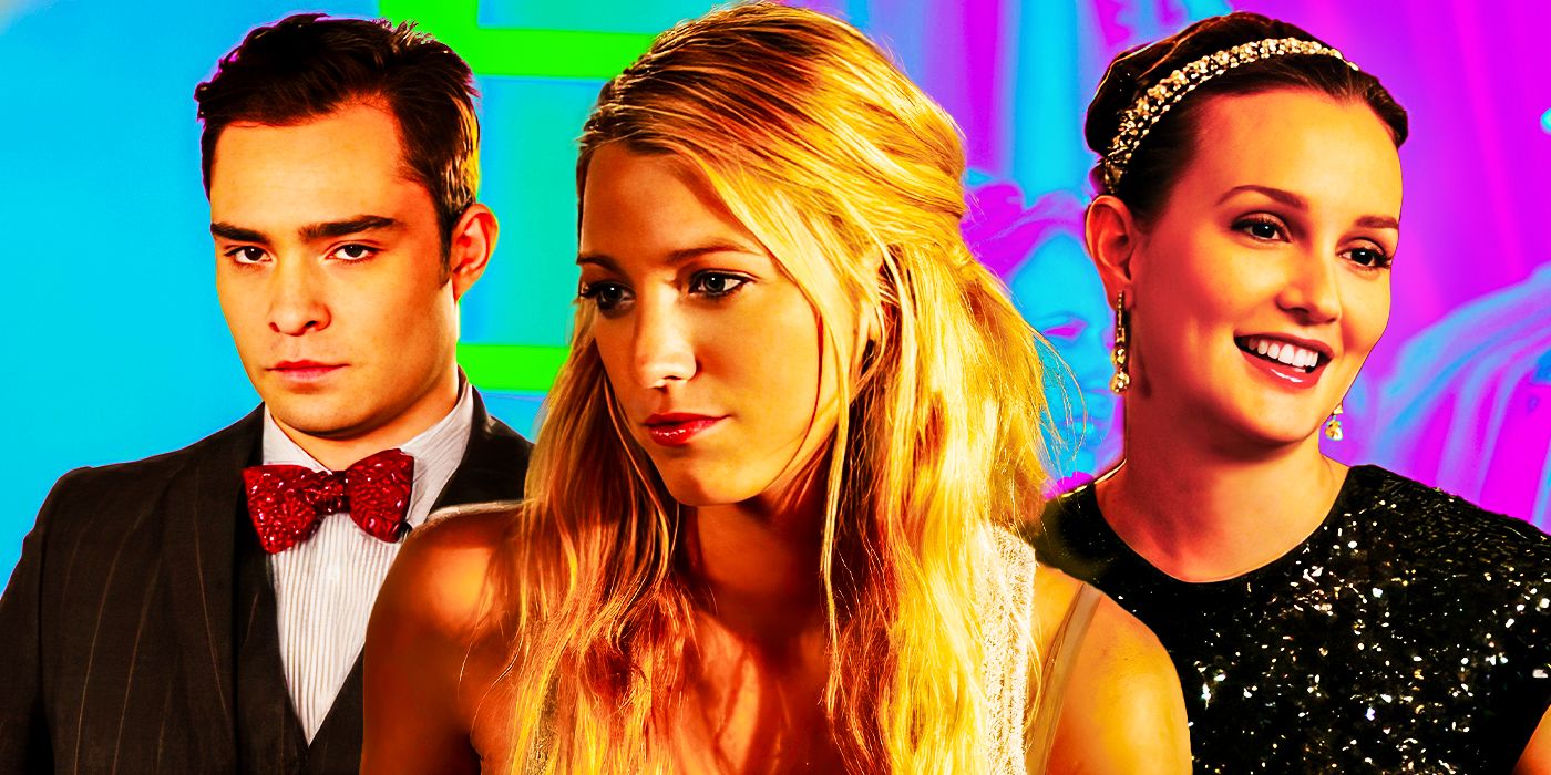 A collaged image of Ed Westwick, Blake Lively, and Leighton Meester in Gossip Girl against a neon background