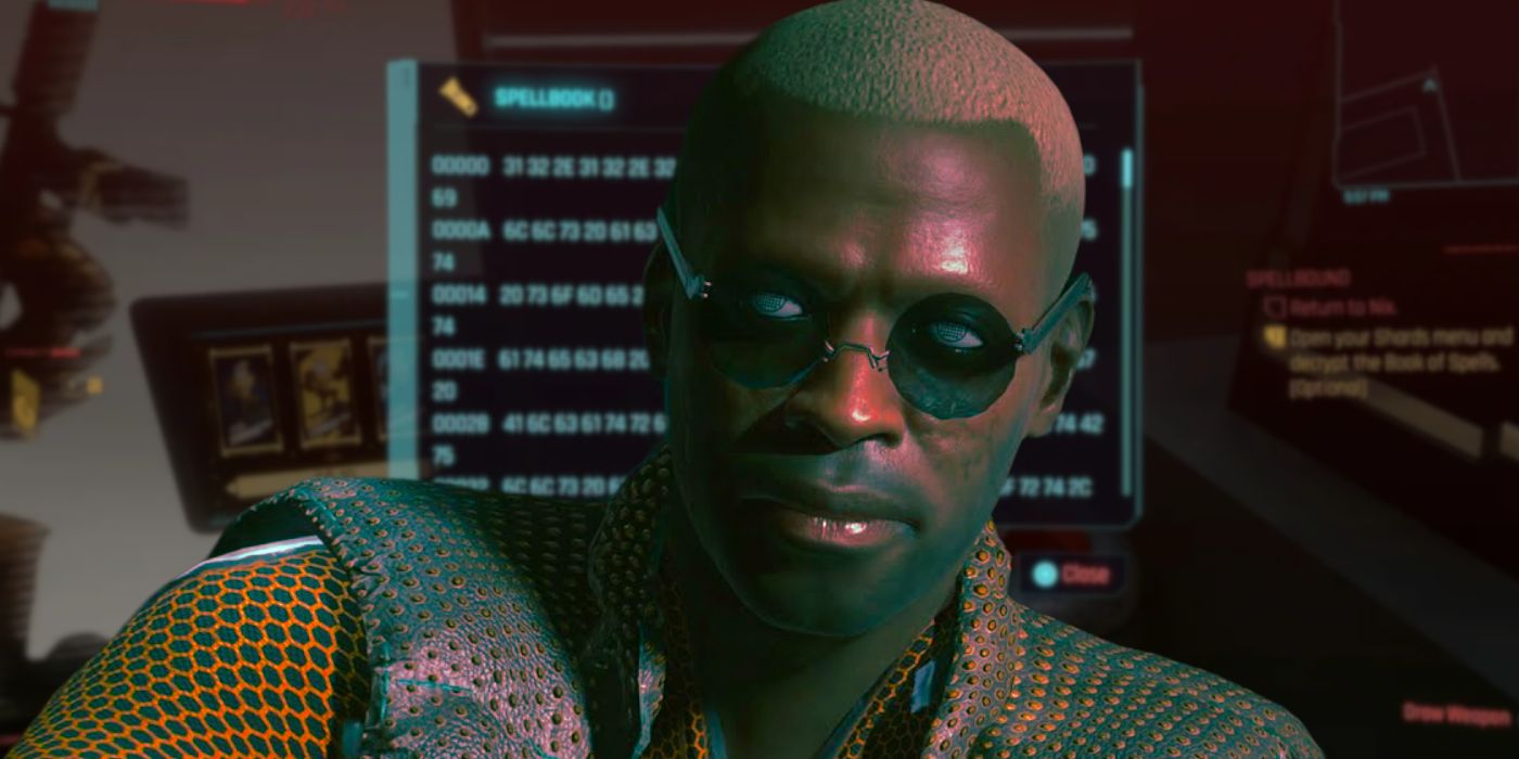 Nix from Cyberpunk 2077 with the Spellbound code in the background