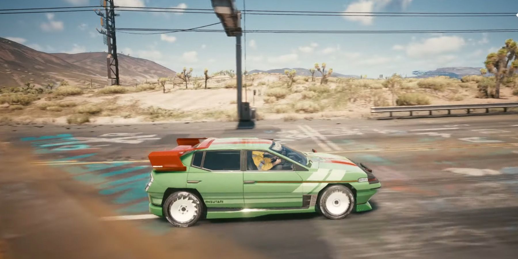 90s-esque coupe in CCyberpunk 2077 speeding down a desert highway.