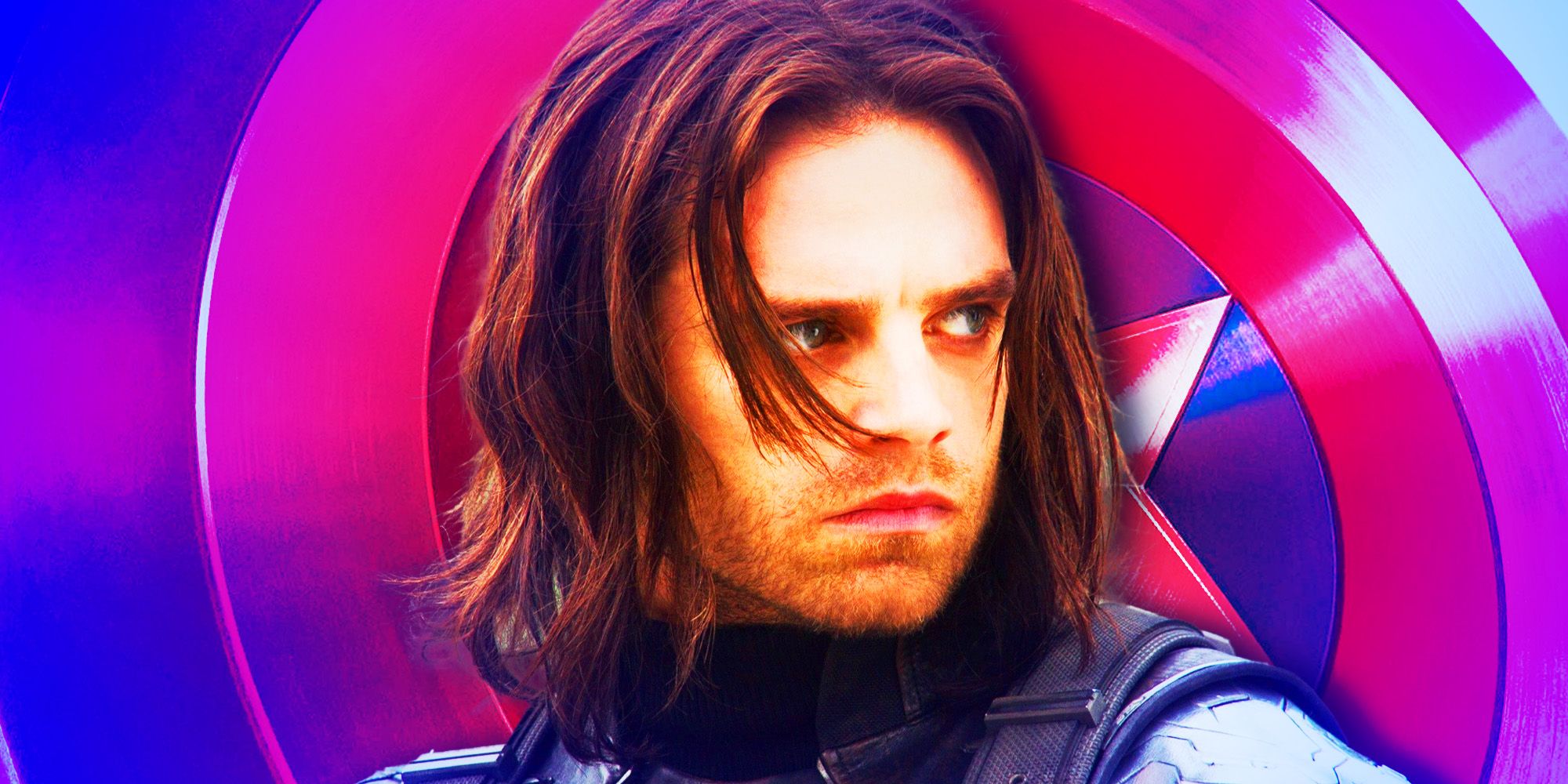 Bucky Barnes in front of Captain America's shield