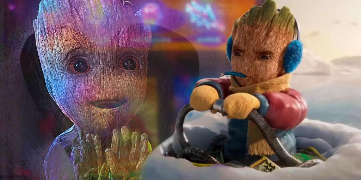Custom image of I Am Groot season 2 featuring Baby Groot looking in awe at a window and building something in the snow.
