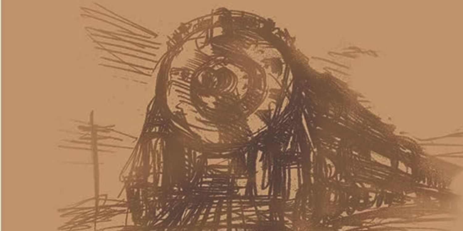 The rough sketch of a train in I Wish This War Were Over cover art.