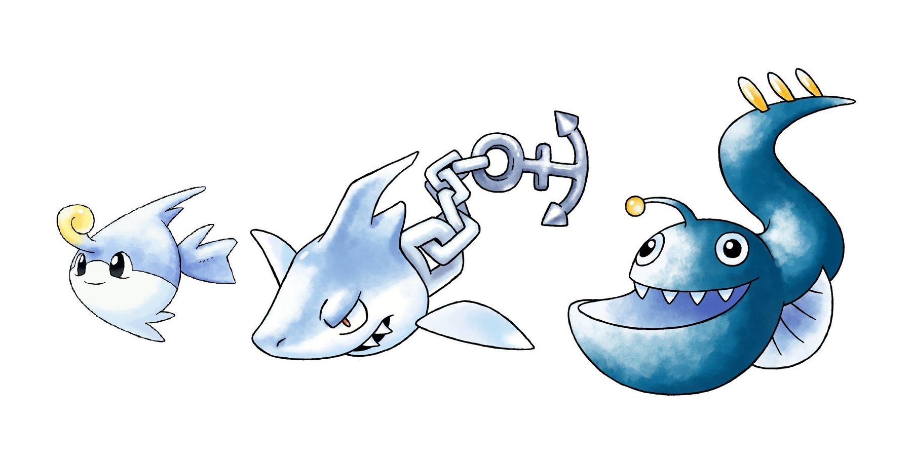 Aquatic Pokemon family Ikari, with a small fish, anchor-tailed shark, and anglerfish/eel-like creature.