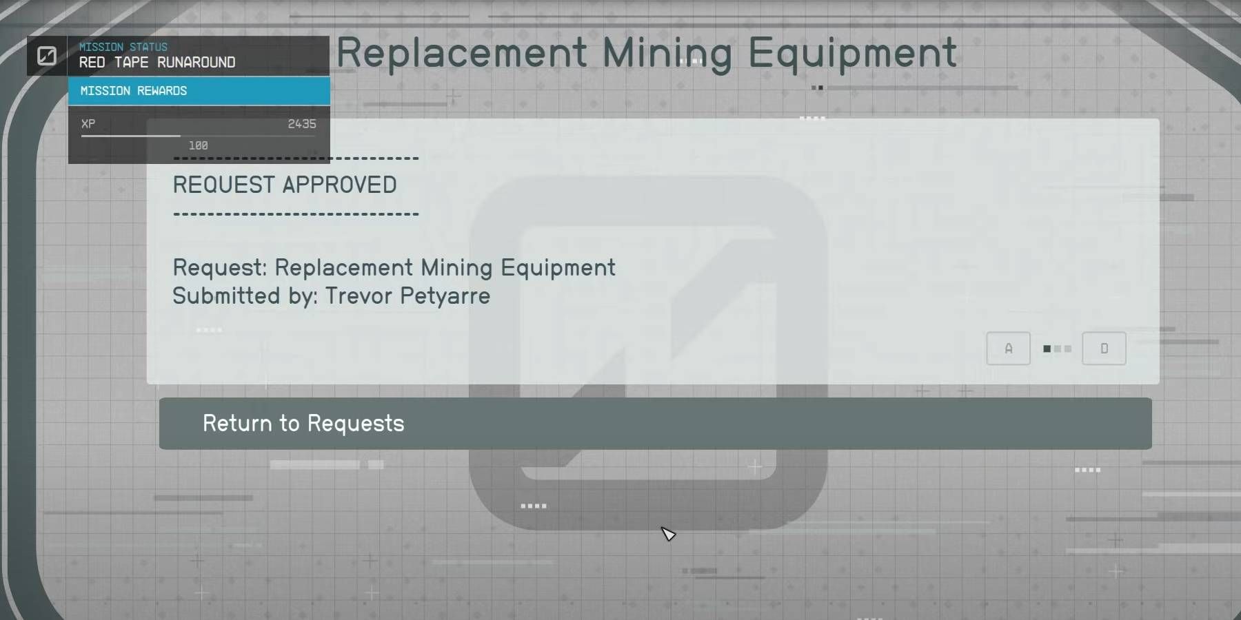 Starfield Approving the Mining Equipment Request from Peter’s Computer to Complete the “Red Tape Runaround” Mission and Earn Rewards