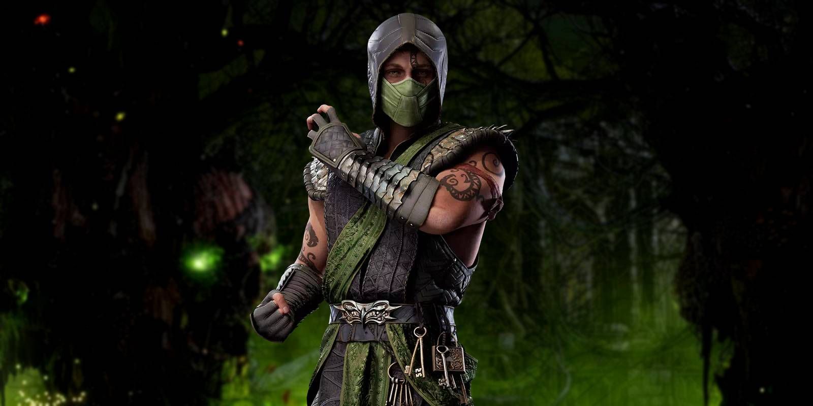 Mortal Kombat 1 Reptile with Corrupted Forest Stage in Background