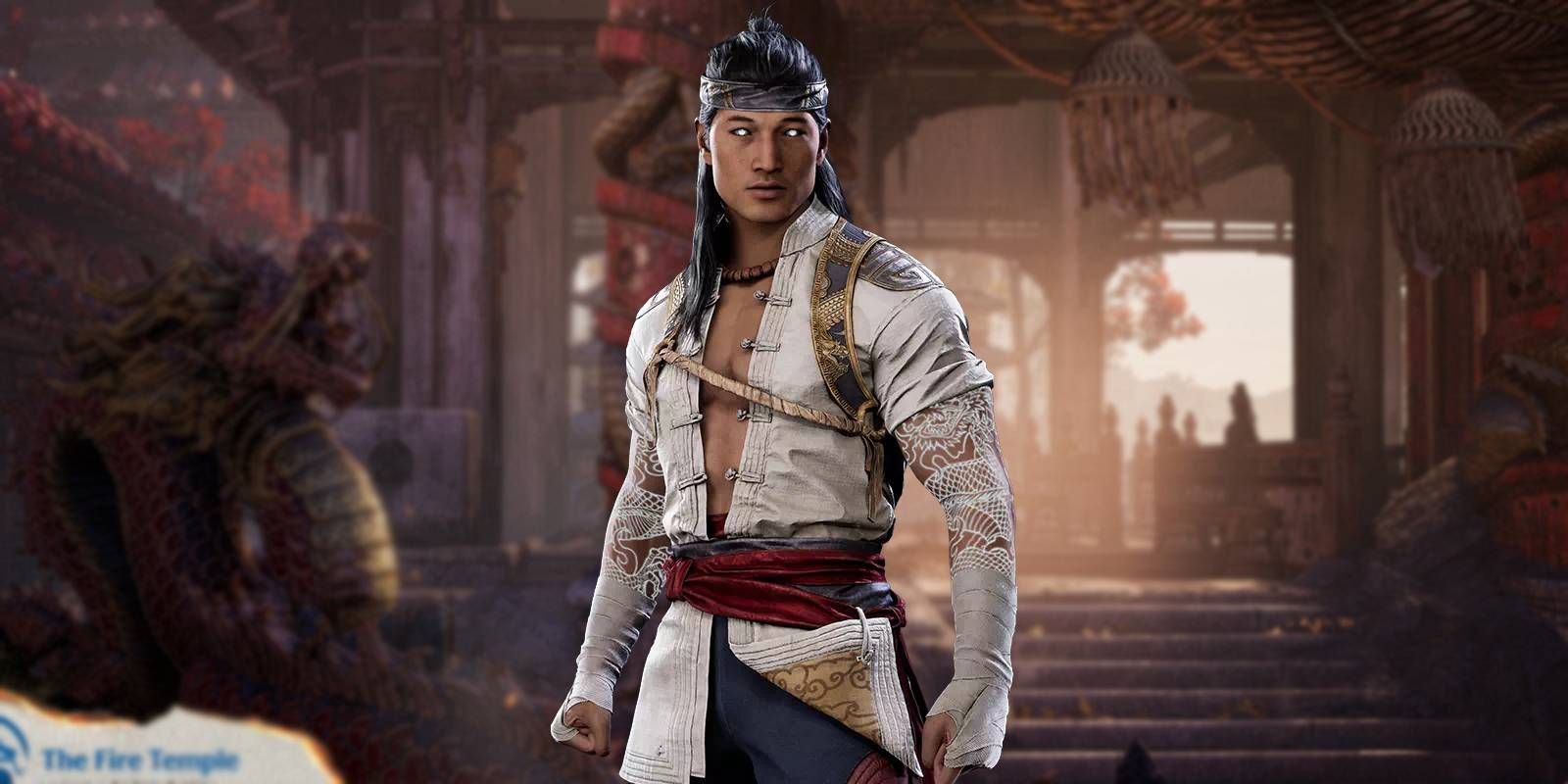 Mortal Kombat 1 Liu Kang with Fire Temple Stage in Background