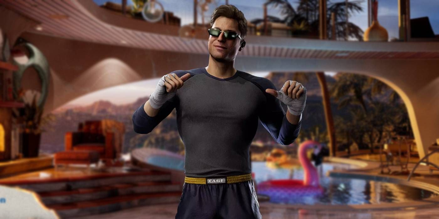 Mortal Kombat 1 Johnny Cage with Cage Mansion Stage in Background