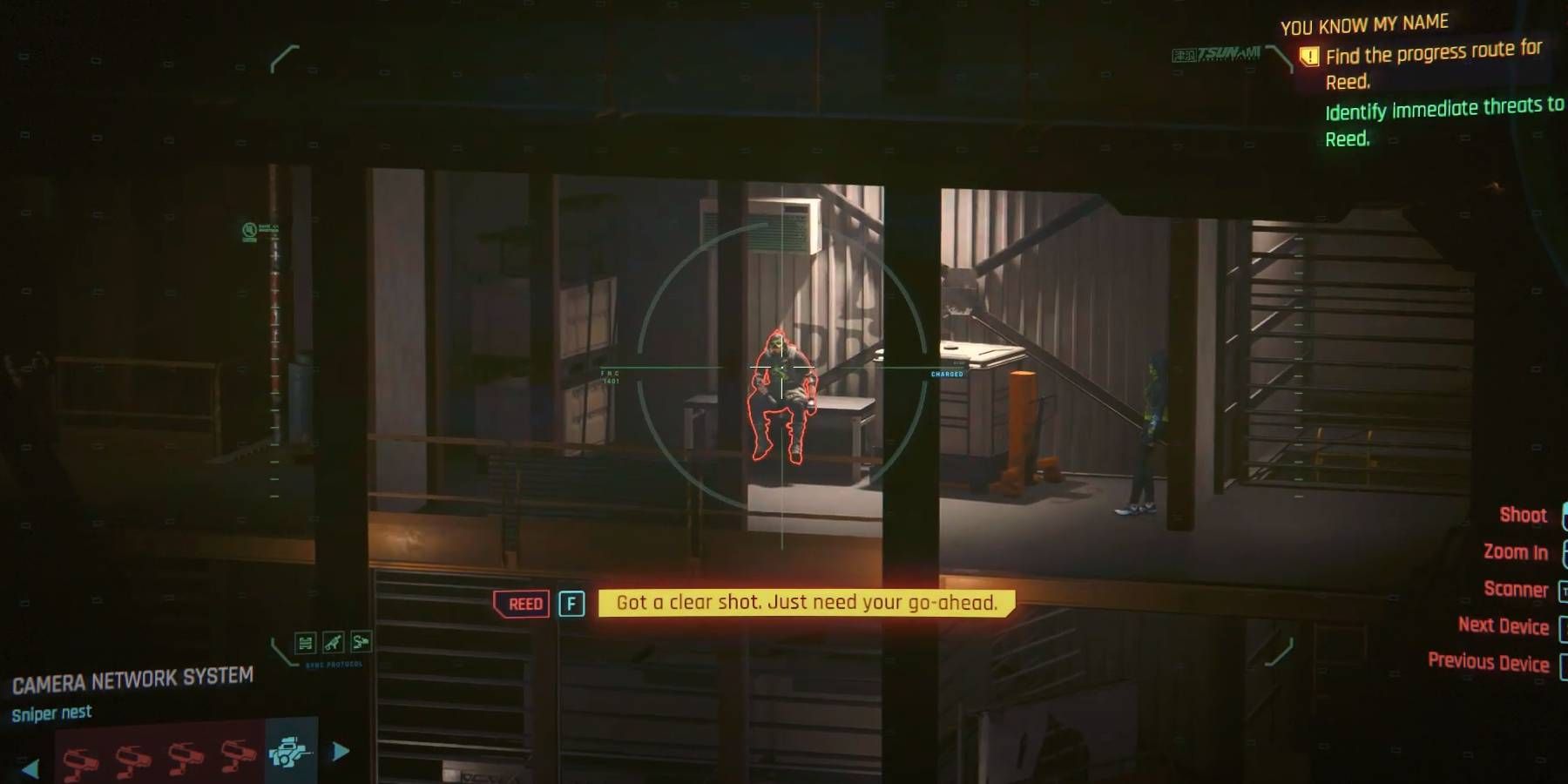 Cyberpunk 2077 Sniper Sequence Shooting a Guard in &ldquo;You Know My Name&rdquo; Mission