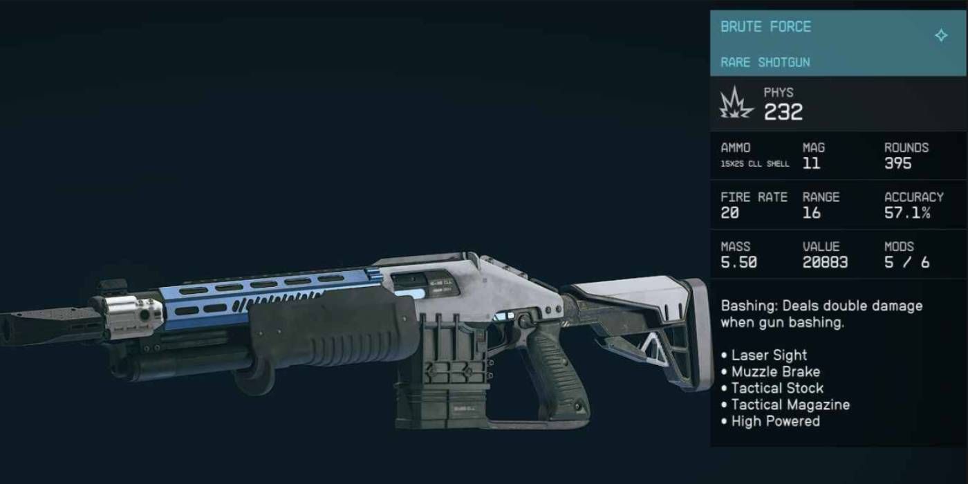 Starfield Brute Force Rare Shotgun with Mods and Stats Displayed