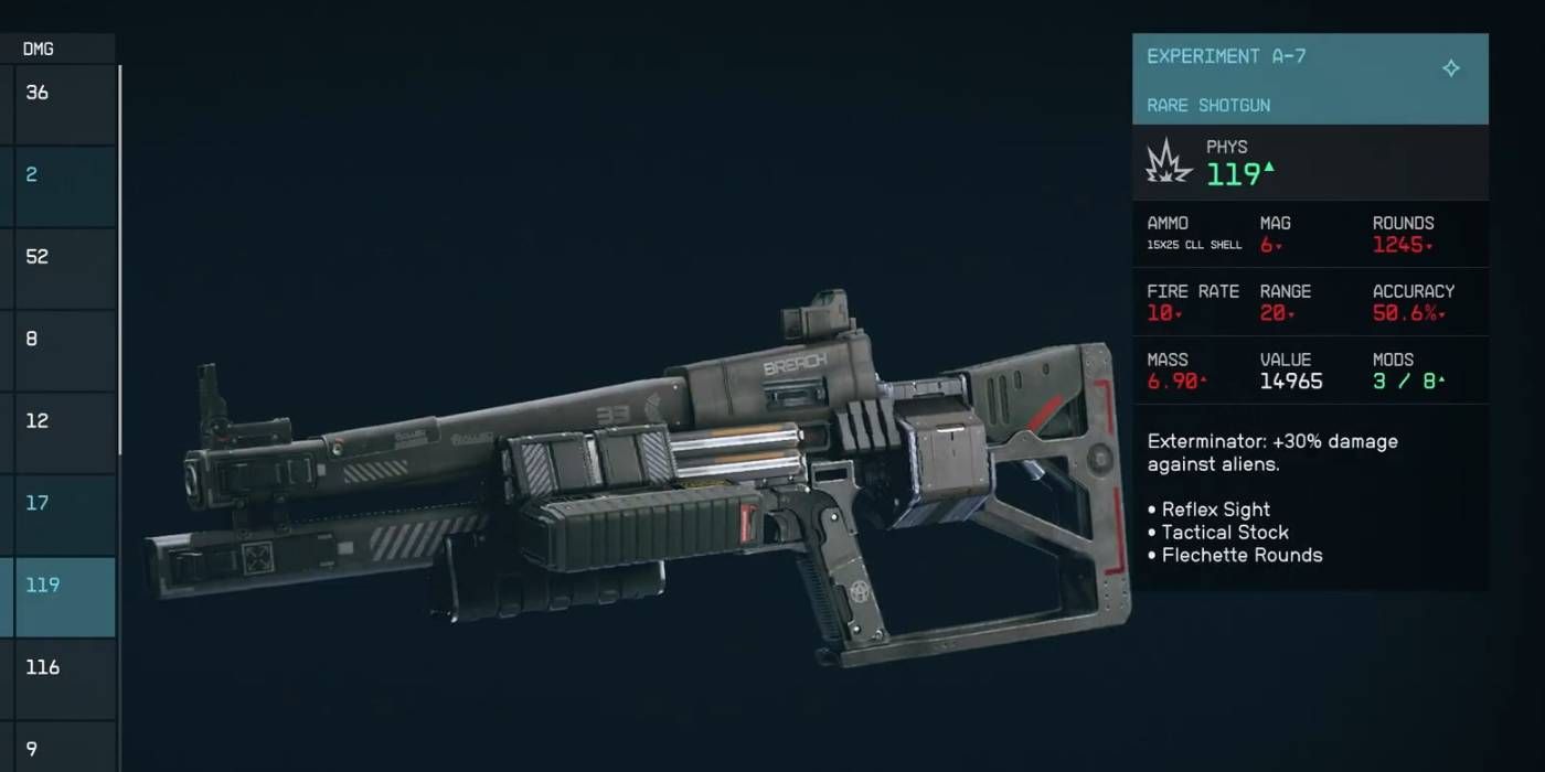Starfield Experiment A-7 Rare Shotgun with Stats Displayed