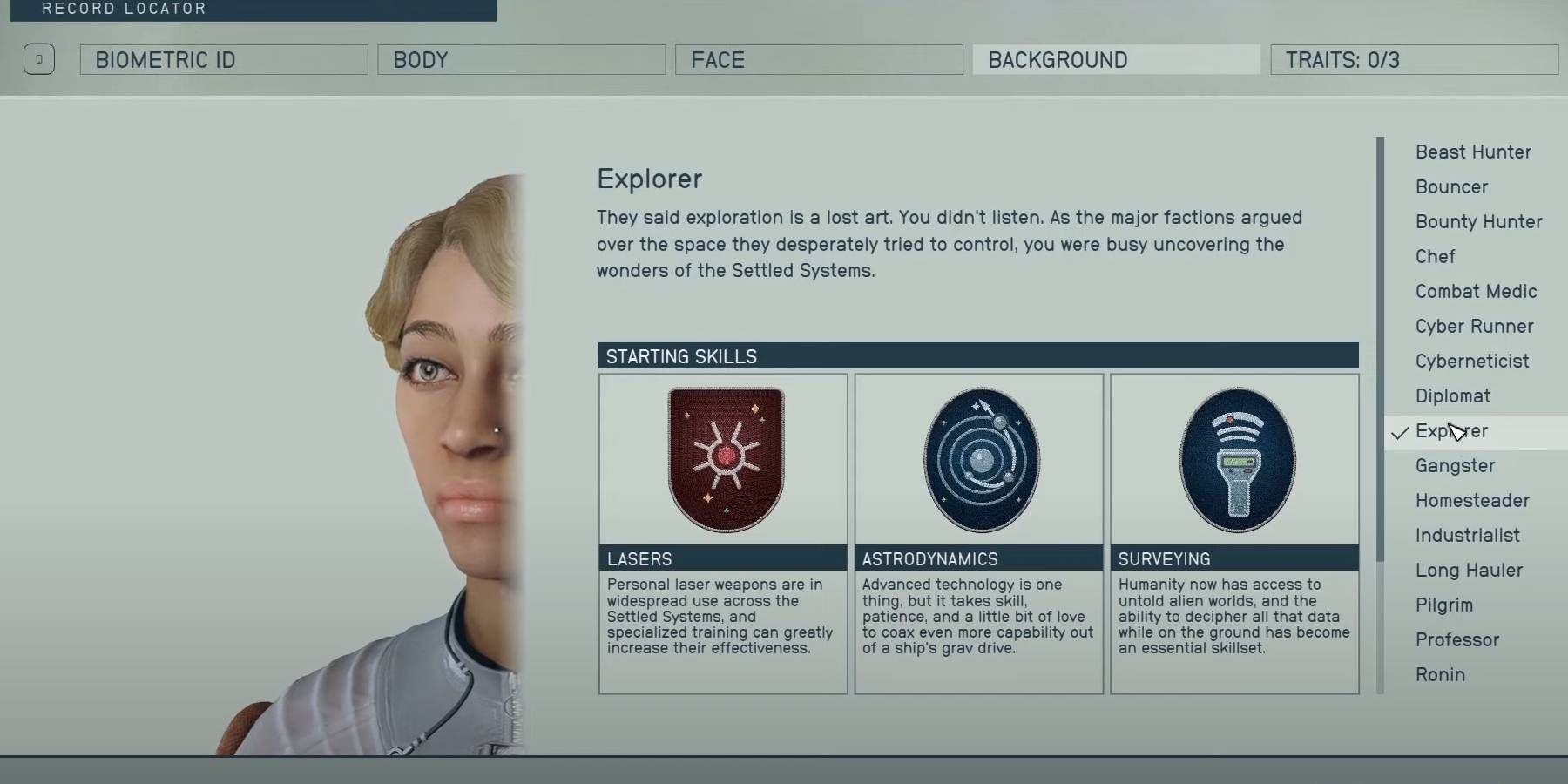 Starfield Explorer Background with Three Skills