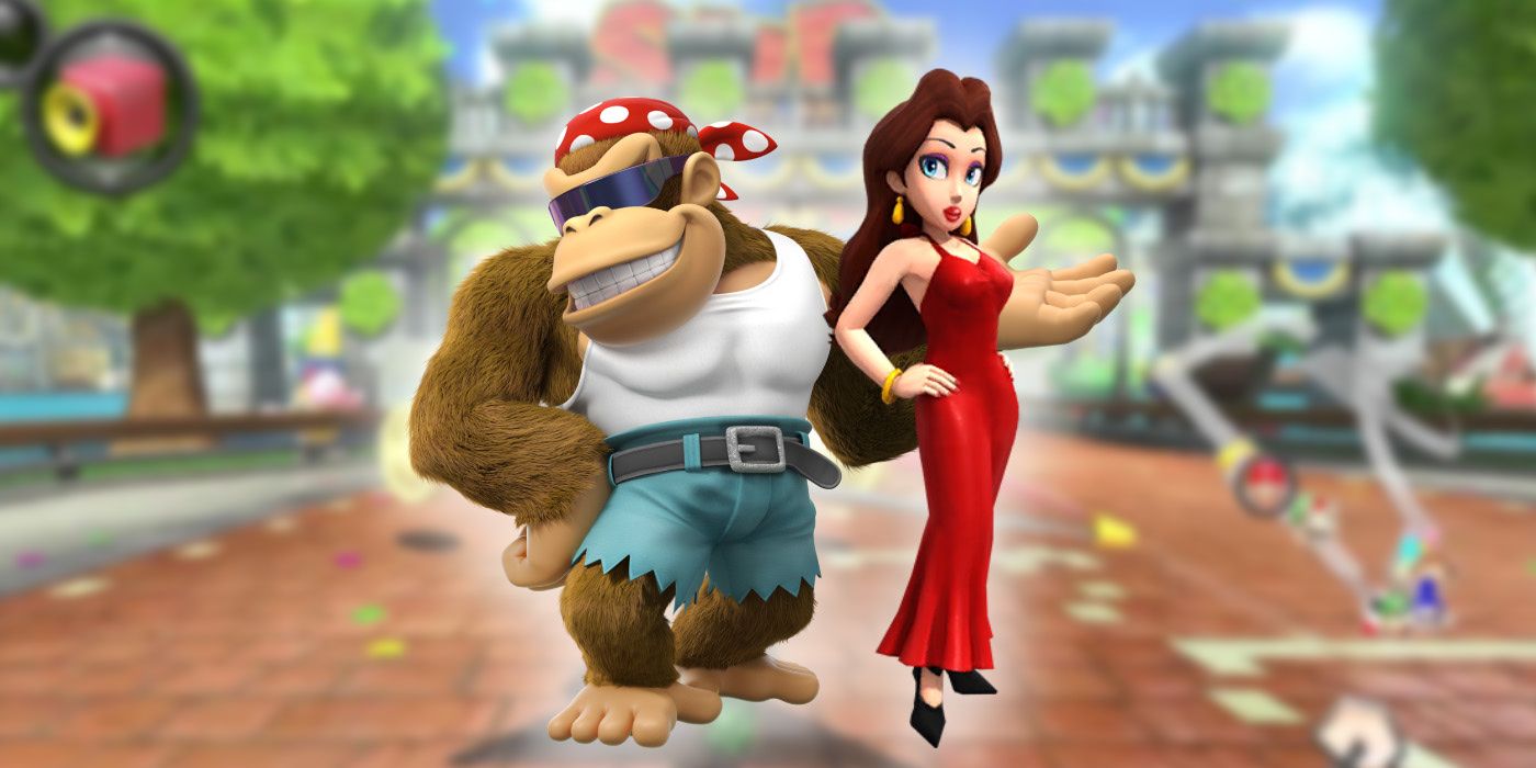 Funky Kong abnd Pauline on a blurred image of a Mario Kart course.