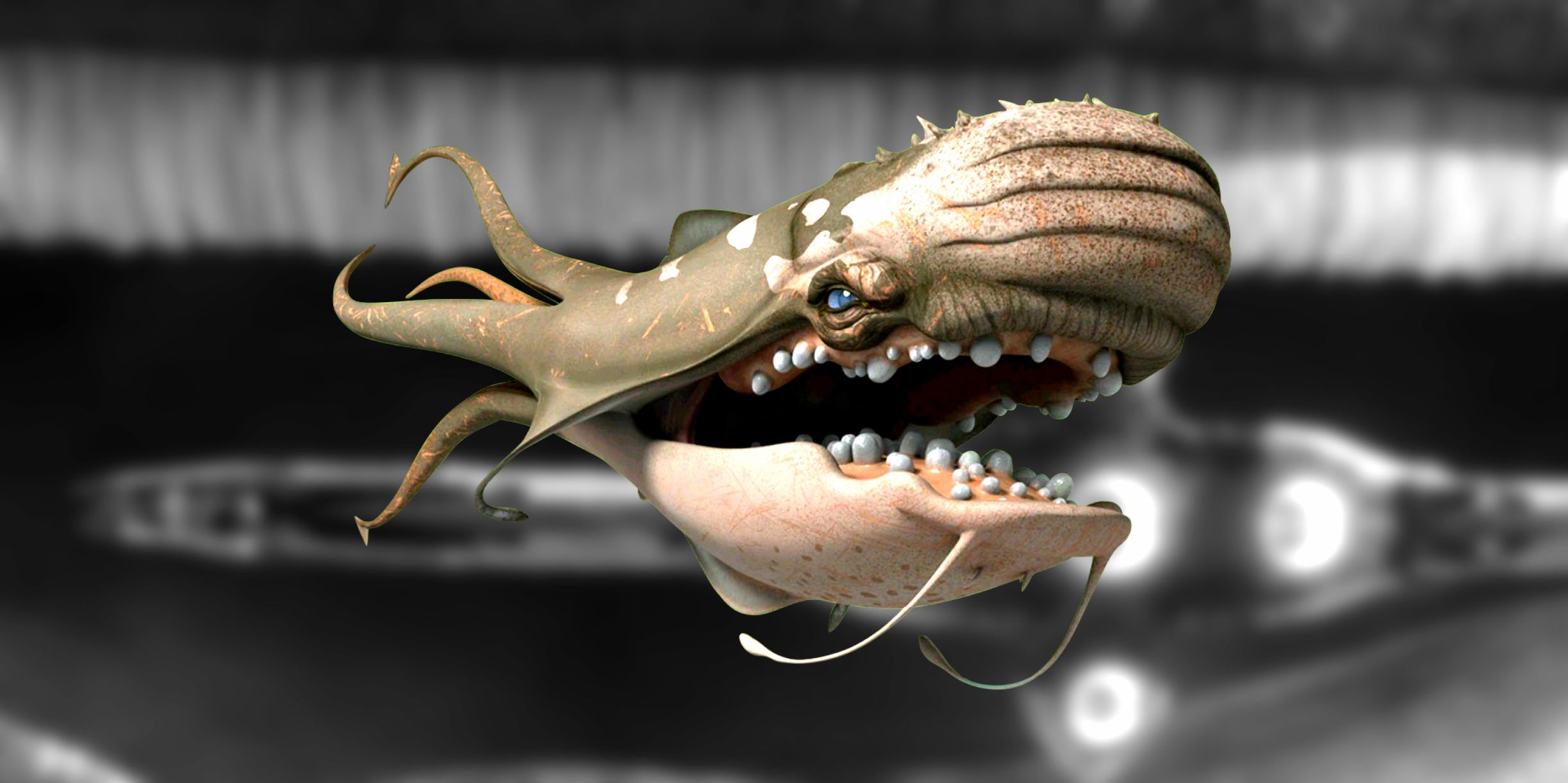 Star Wars Rebels purrgil in the foreground of a blurred purrgil in Ahsoka episode 5